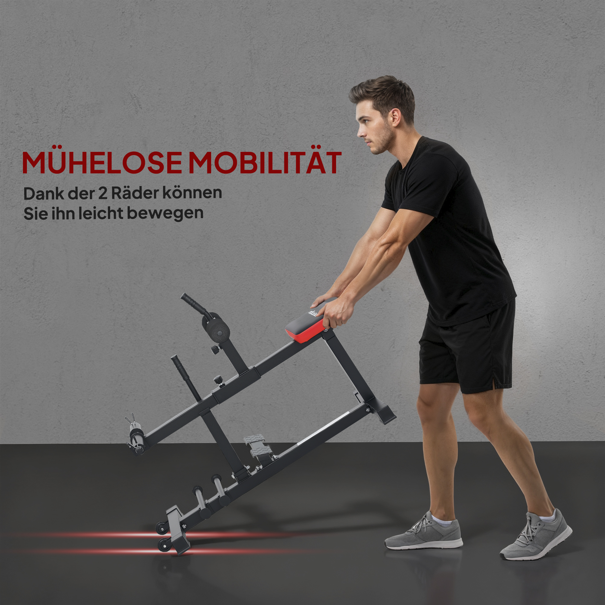 Beintrainings-Bank, Wadenhebemaschine, mit Rädern, Sportequipment für Fitness-Übungen zuhause, Stahl, Schwarz