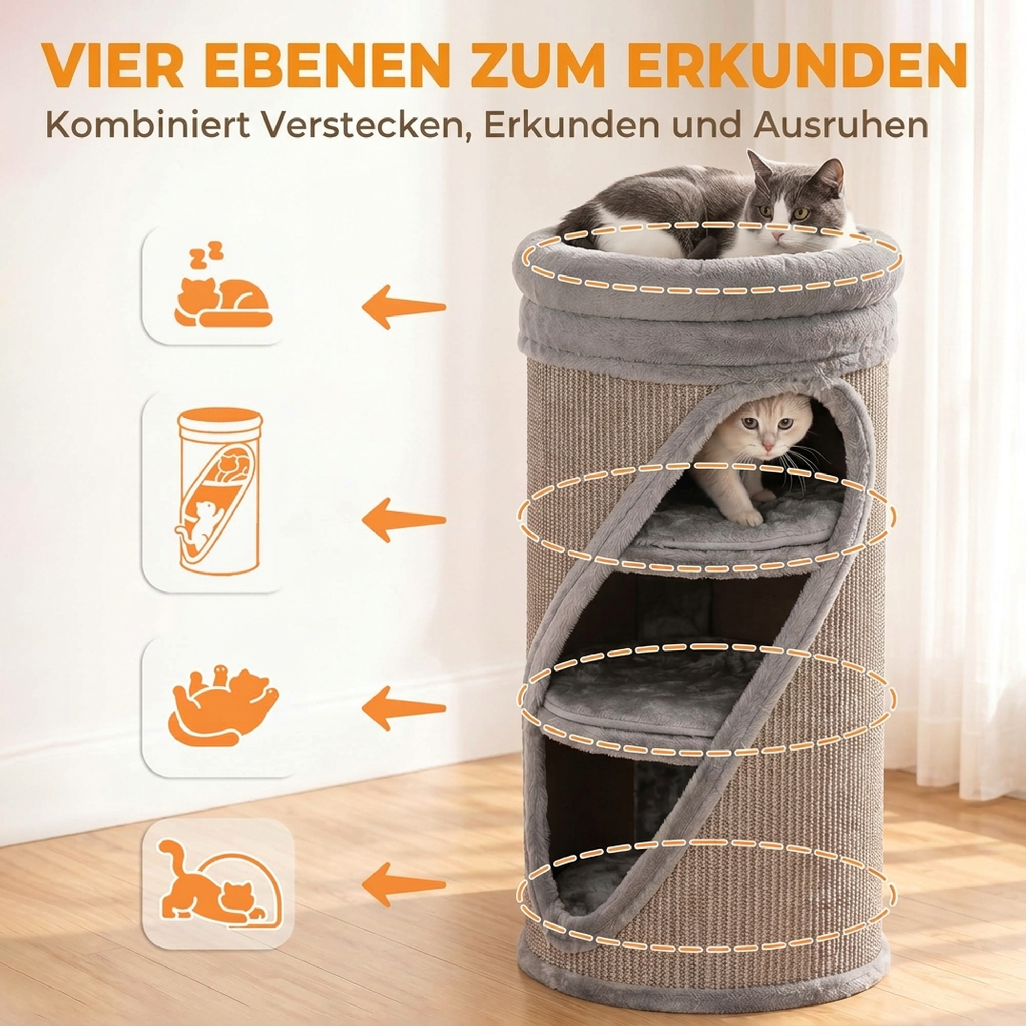 Kratztonne 75 cm Hoch Ø 35 cm 4-Stufige Katzentonne mit 3 Höhlen, abnehmbarem waschbarem Plüschbett Sisal-Kratzfläche