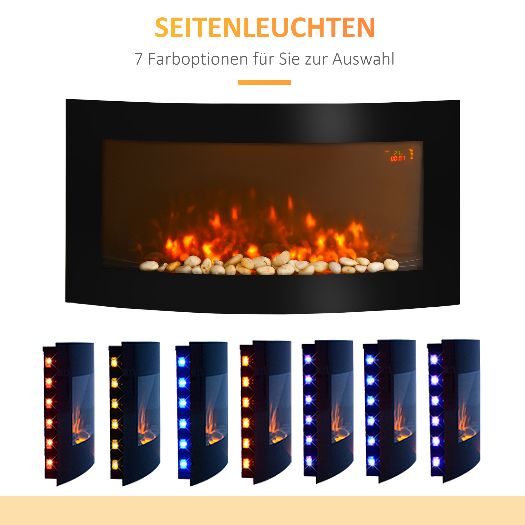 Elektrokamin mit Heizung, Wandkamin mit LED Flammeneffekt, 7 Flammenfarben, 1000/2000 W, elektrischer Kamin mit Timer, Einstellbarer Thermostat, Dekokamin mit Fernbedienung, Schwarz, 89,2 cm