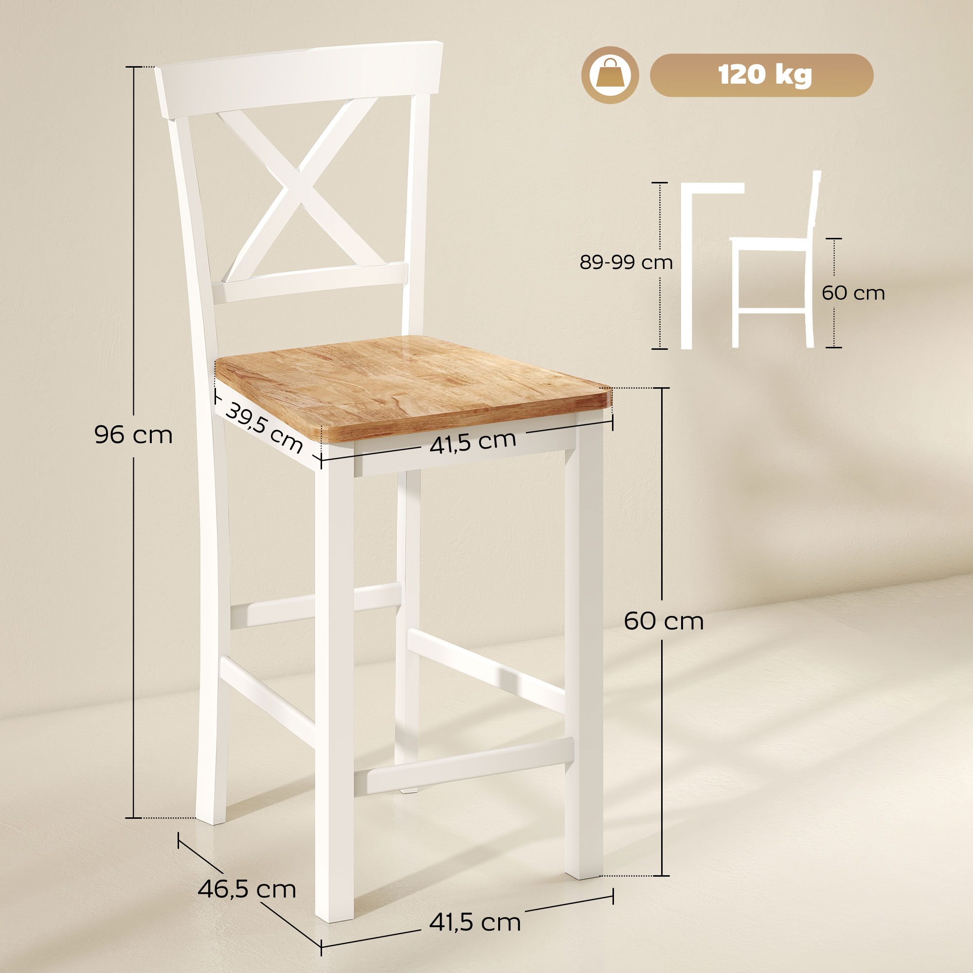 2er-Set Barstühle mit Rückenlehne und Fußstütze, Kautschukholz, für Küche, Esszimmer, Bar, Eiche+Weiß