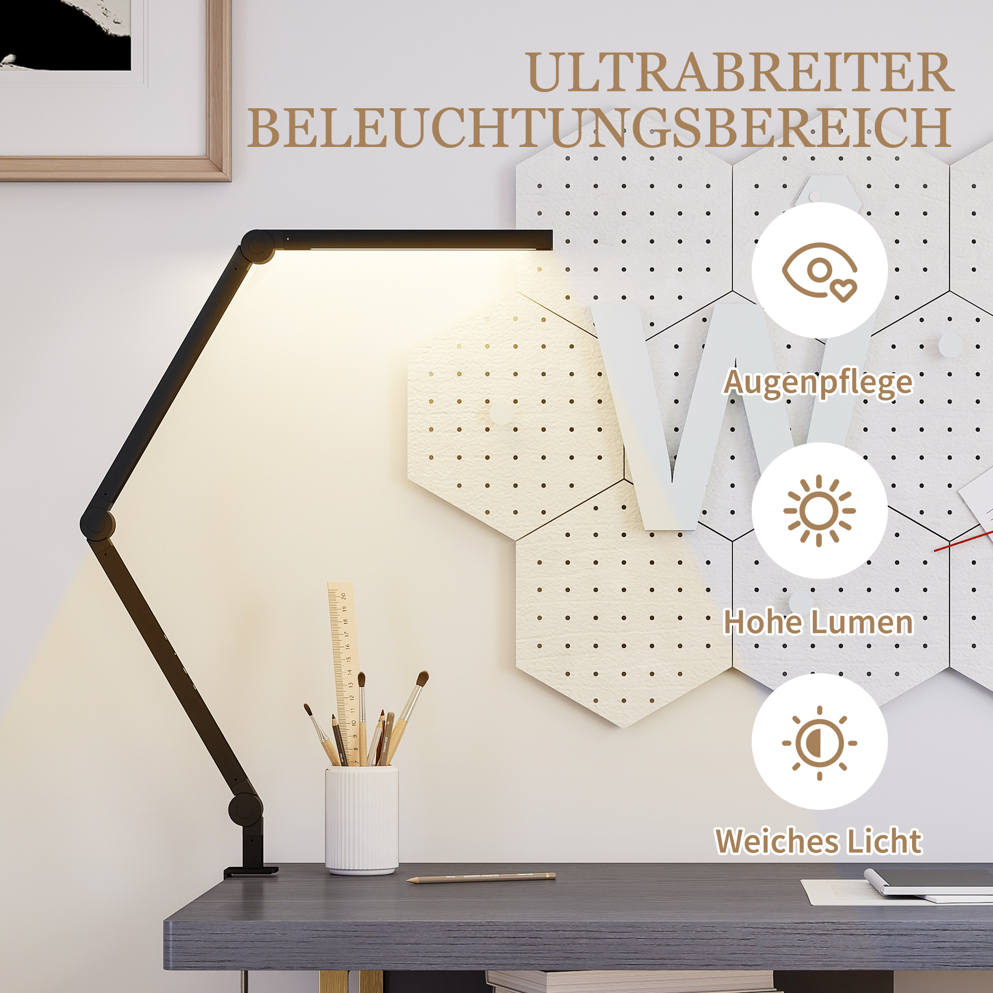 Schreibtischlampe, anpassbare Helligkeit und Farbe, Metallklemme, 96 LEDs, Schwarz