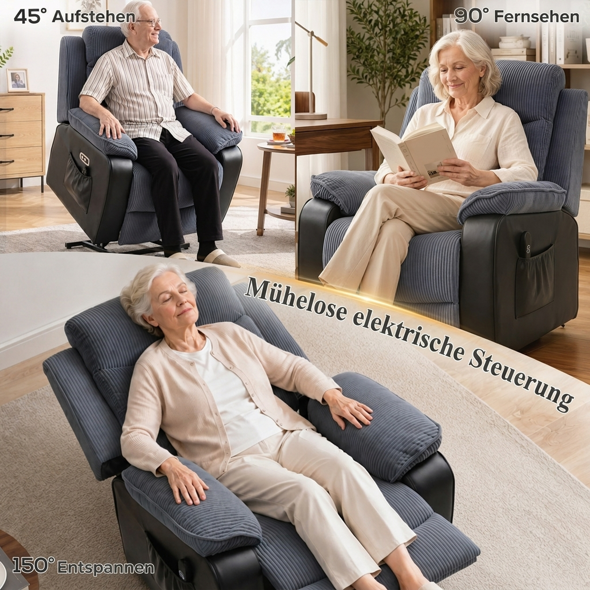 Aufstehsessel mit weichem Cordbezug, Recliner-Sessel mit Fernbedienung und Seitentaschen, Dunkelgrau