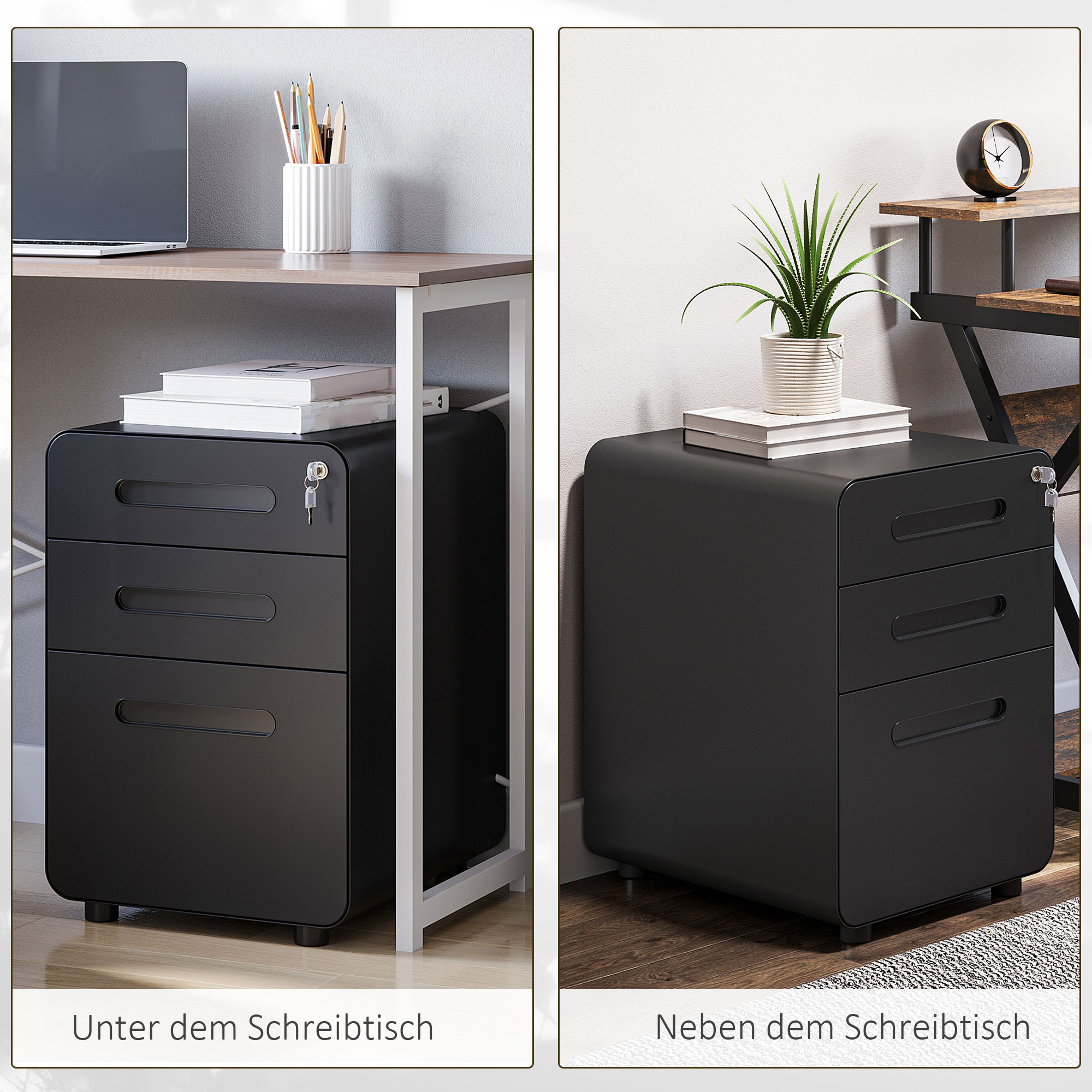 Rollcontainer mit 3 Schubladen mobiler Aktenschrank mit Rollen abschließbar Büroschrank mit Hängeregistratur Stiftfach, Bürocontainer Schreibtisch Unterschrank für Büro 39x48x59cm Schwarz