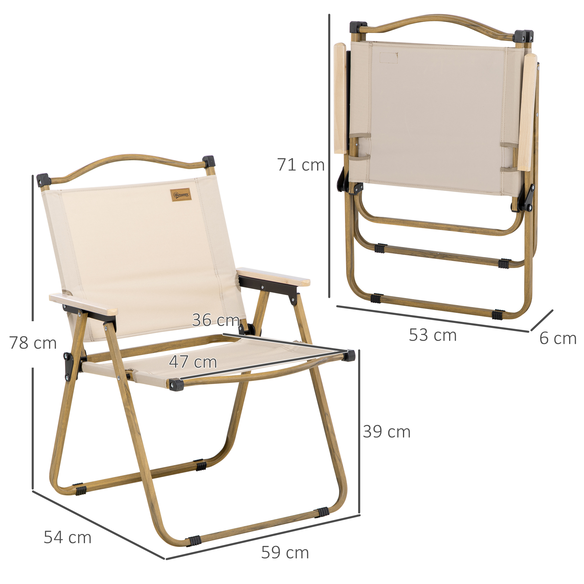 Campingstühle, 2 x Strandstuhl, faltbar, Stahl, Holzoptik, Khaki