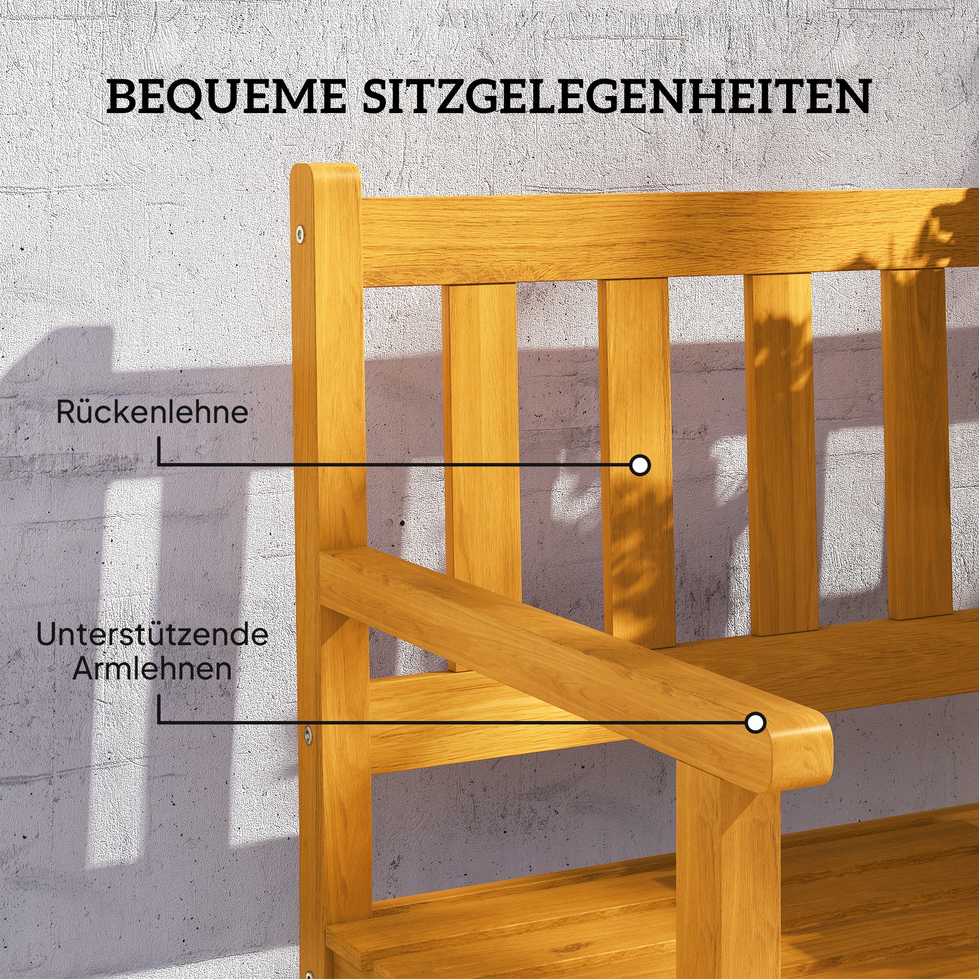 2-Sitzer Gartenbank Holz, wetterfest Sitzbank mit Rücken- & Armlehnen 320kg belast 149x56,5x89cm, Teak