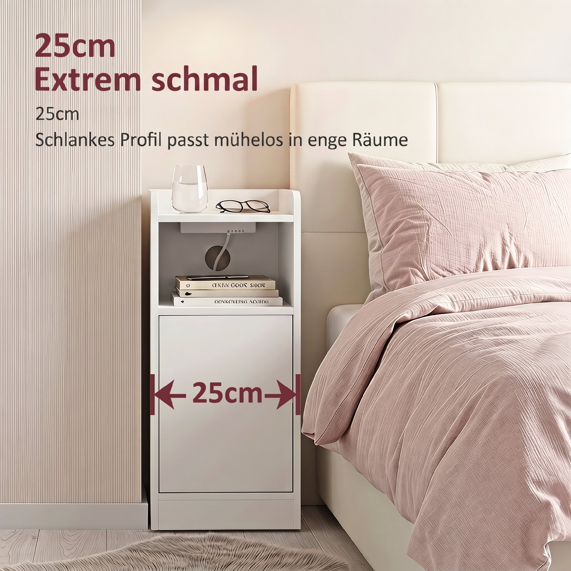 Nachttisch 2er-Set mit Ladestation, Schmaler Nachtschrank mit offenem Fach, verstellbarem Einlegeboden für Schlafzimmer