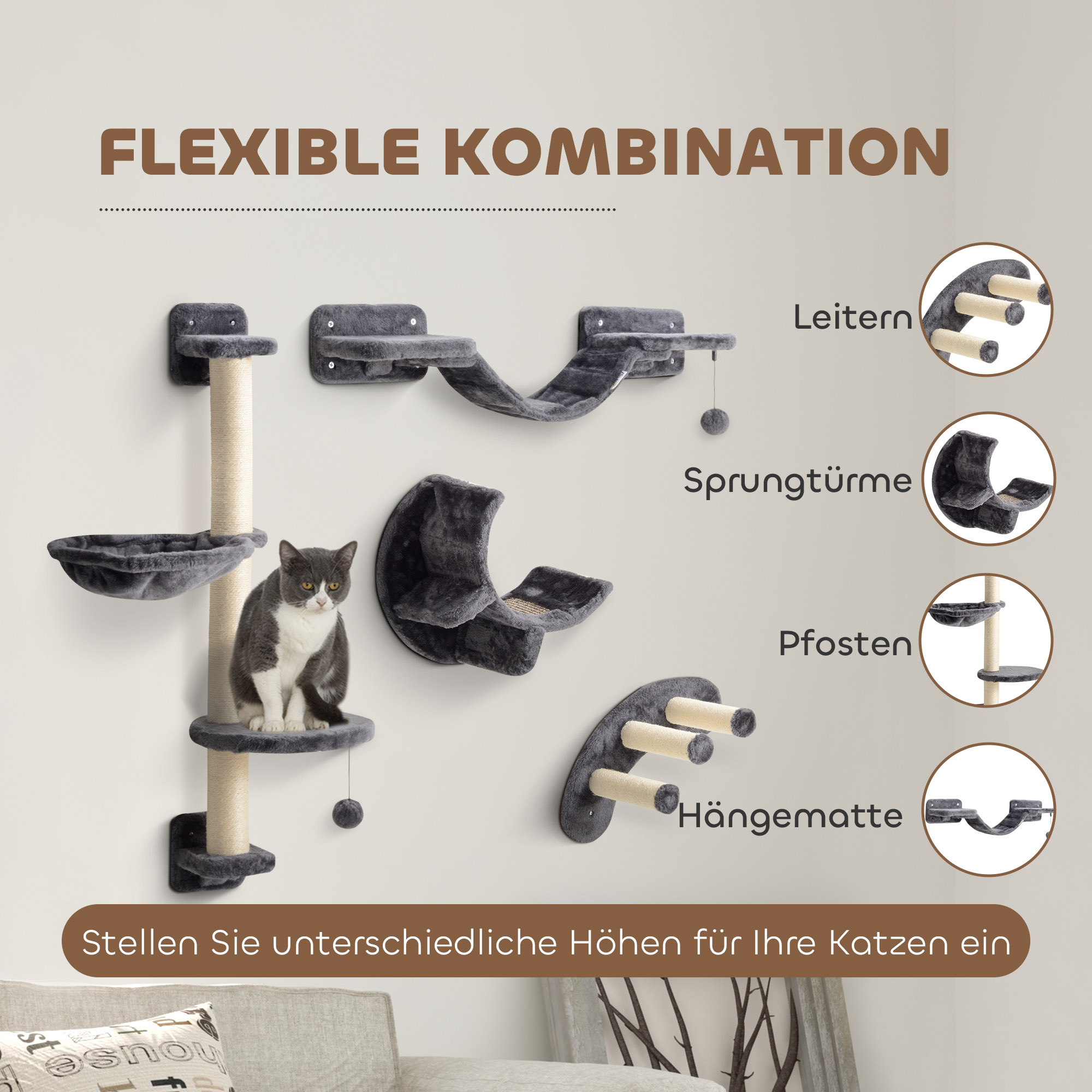 Kletterwand Katzen 4-teilig Katzen Kletterwand Set mit Hängematte, Katzenbrücke bis zu 5 kg, Dunkelgrau