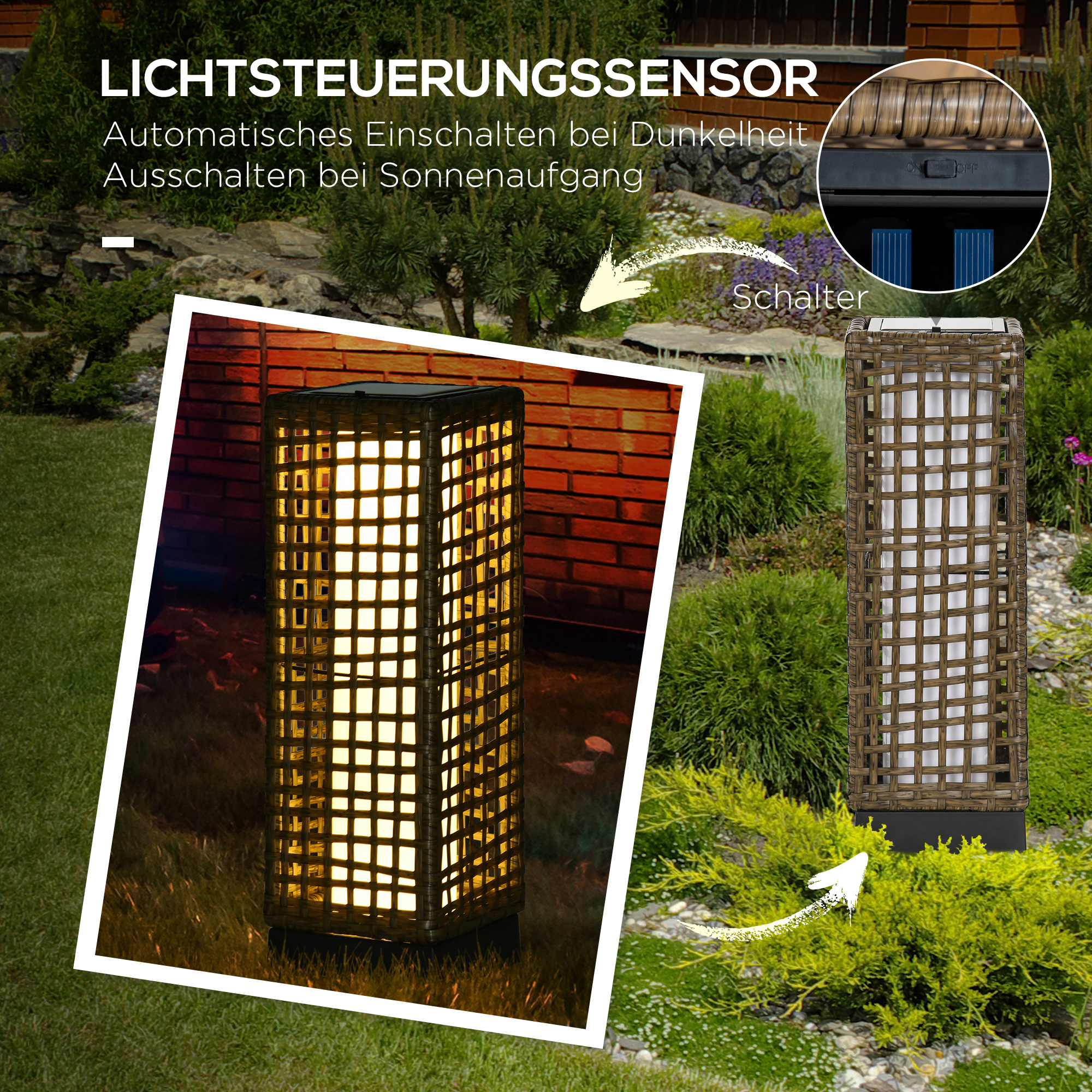 Außenleuchte, Gartenlampe, Solarbetrieb, 8h Leuchtdauer, Einschaltautomatik, Rattanoptik, 15,5 x 15,5 x 46 cm