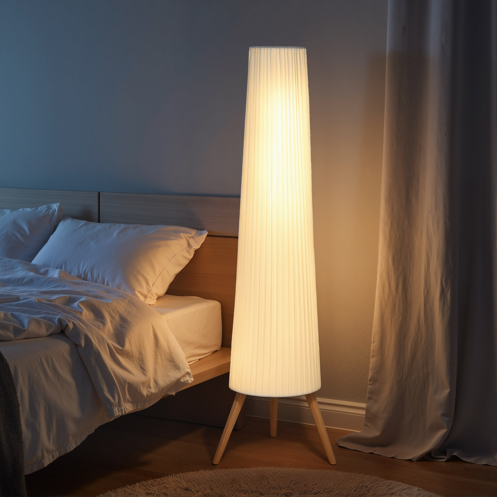 LED Stehlampe Wohnzimmer Dimmbar Holz mit Dreibein, Stehleuchte mit Fußschalter, 46 x 46 x 153 cm, Weiß