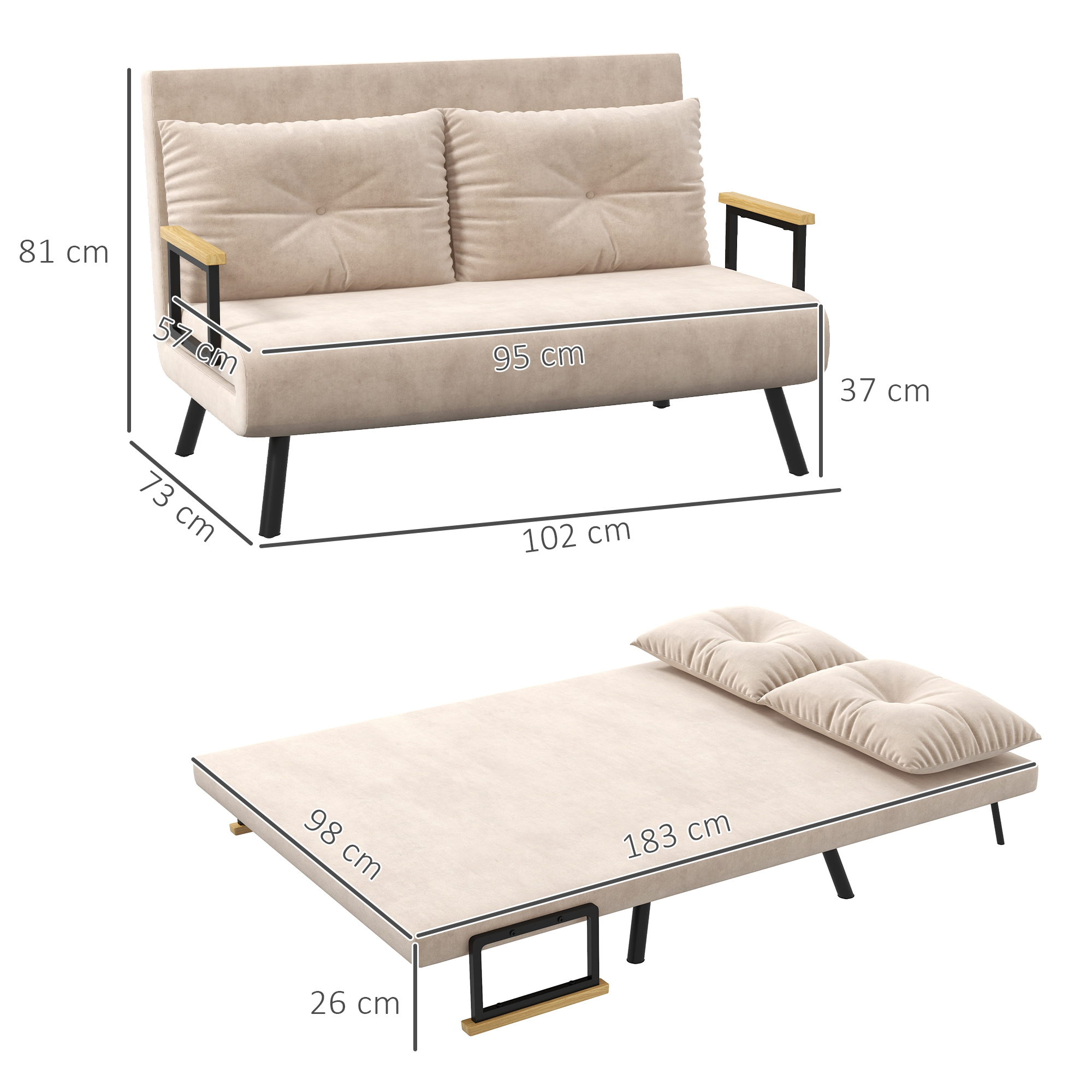 Schlafsofa 2er-Sofa Samtsofa, Schlaffunktion, inkl. 2 Kissen, Samtoptik, Natur + Beige + Schwarz