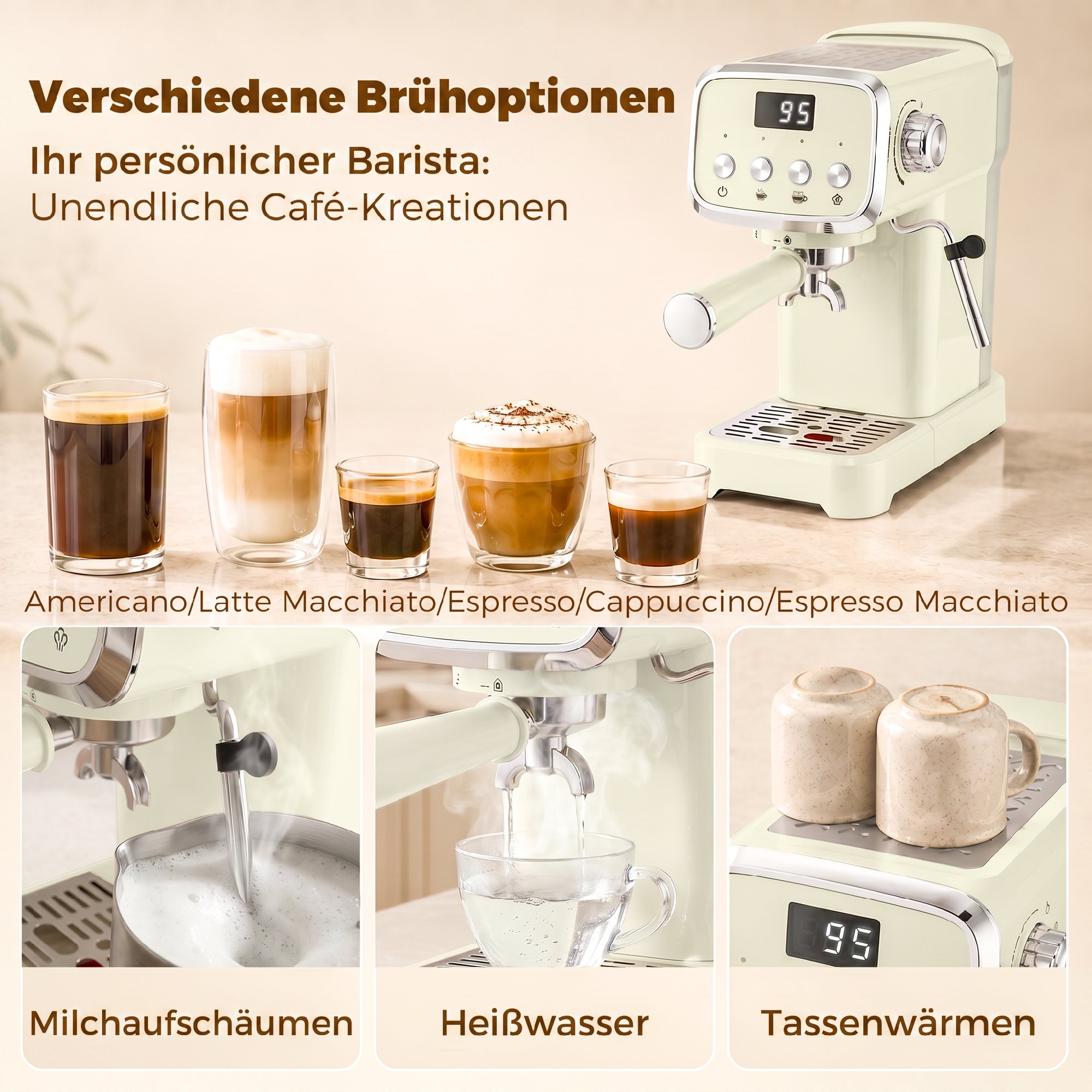 Siebträgermaschine 20 Bar Espressomaschine mit Milchaufschäumer und 1,2L abnehmbaren Wassertank für Espresso