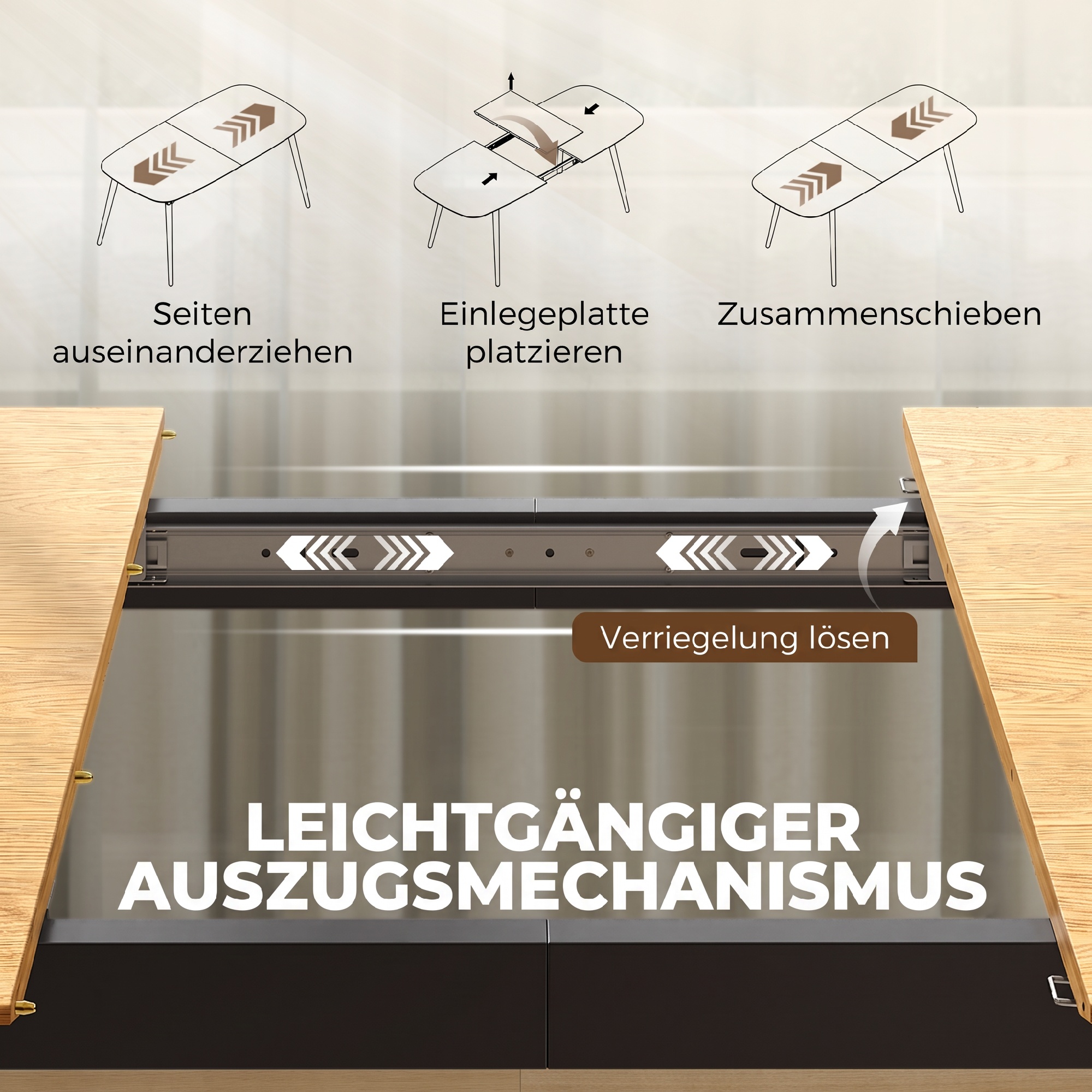 ausziehbarer Esstisch für 6-8 Personen, Küchentisch mit Ablage, Eiche-Holzoptik