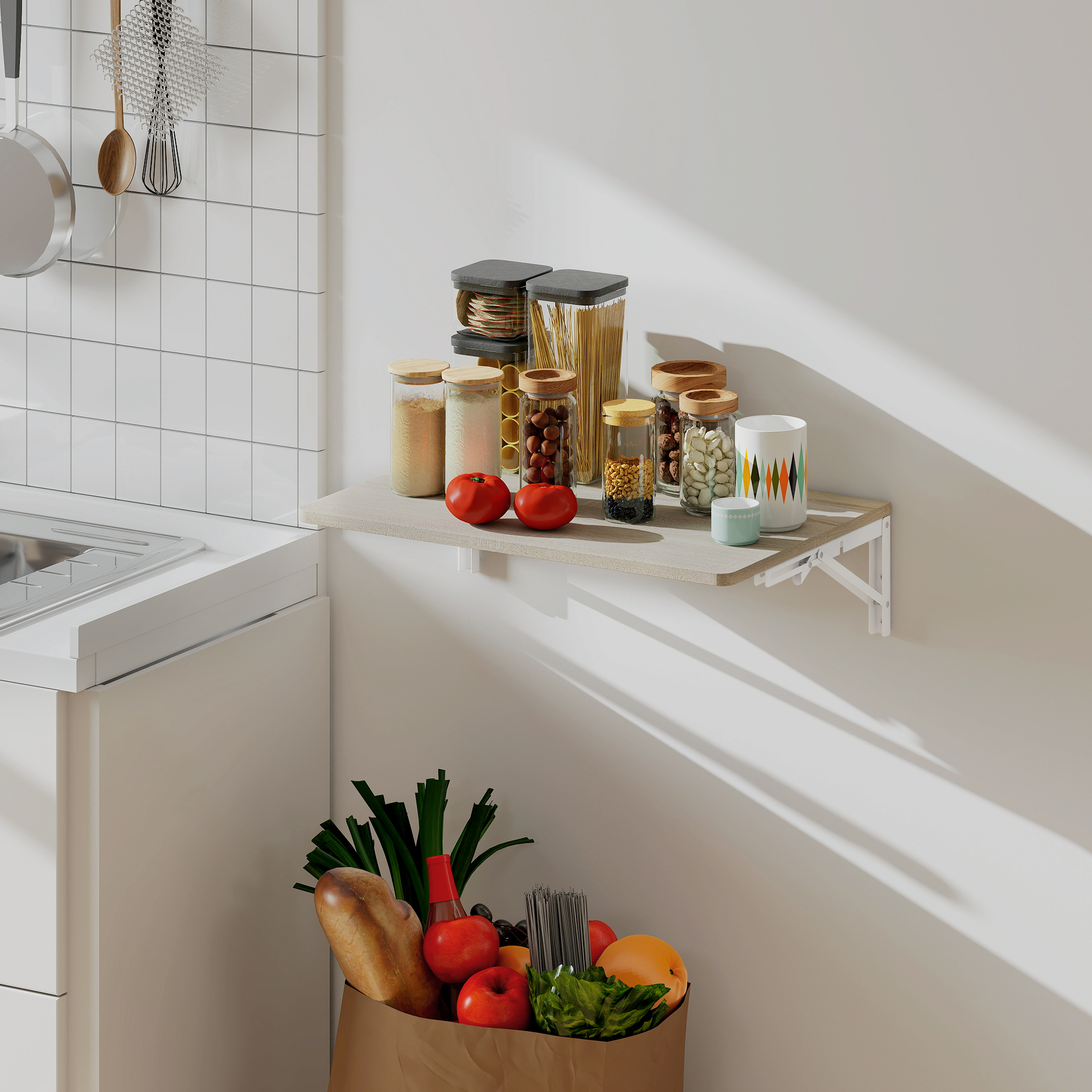 Wandklapptisch, 60x40 cm Klapptisch, Platzsparender Schwimmender Schreibtisch mit abgerundeten Ecken, für Homeoffice, Wohnzimmer, Schlafzimmer, Küche, Eiche