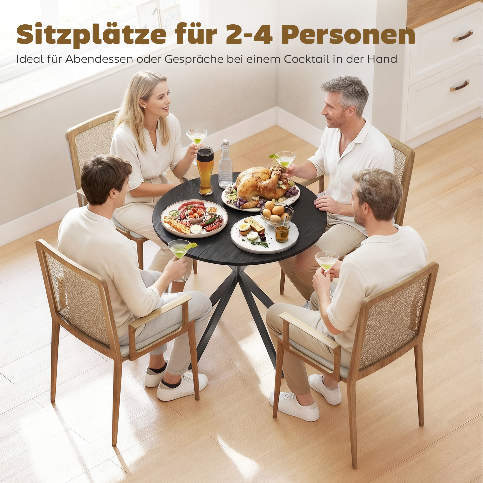 Runder Küchentisch, 80 cm, kompakte Tischplatte, Spanplatte, Metall, Schwarz