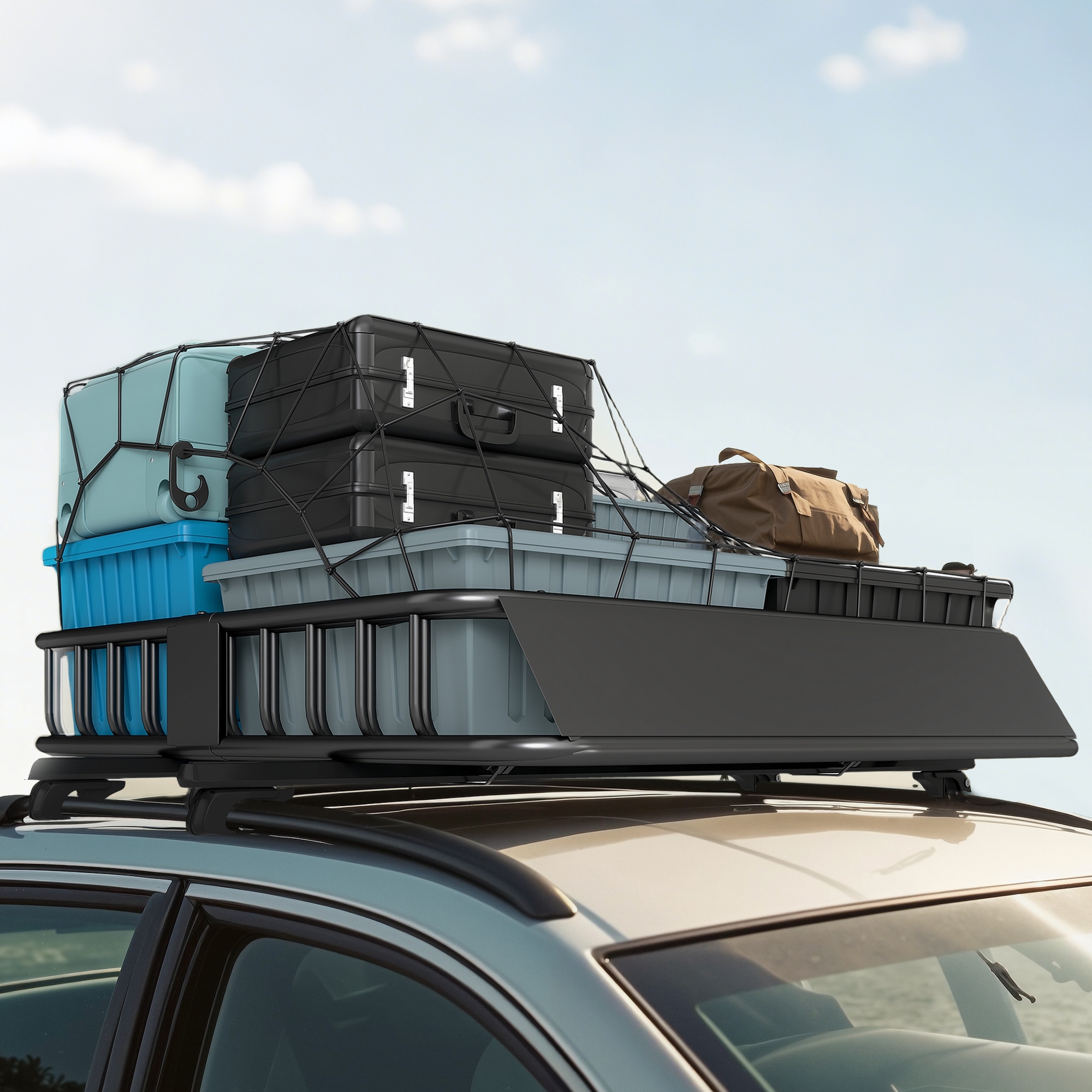 Dachgepäckträger für Autos, Autodach-Korb, 90,7 kg Tragkraft, Dachträger mit Windabweiser, Stahlrohre, Schwarz