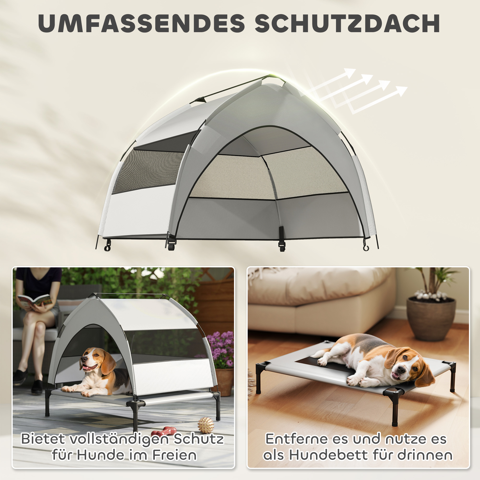 Hundeliege Outdoor mit Dach, erhöhtes Hundebett für mittelgroße Hunde, mit Stahlrahmen, 76x61x70cm, Hellgrau