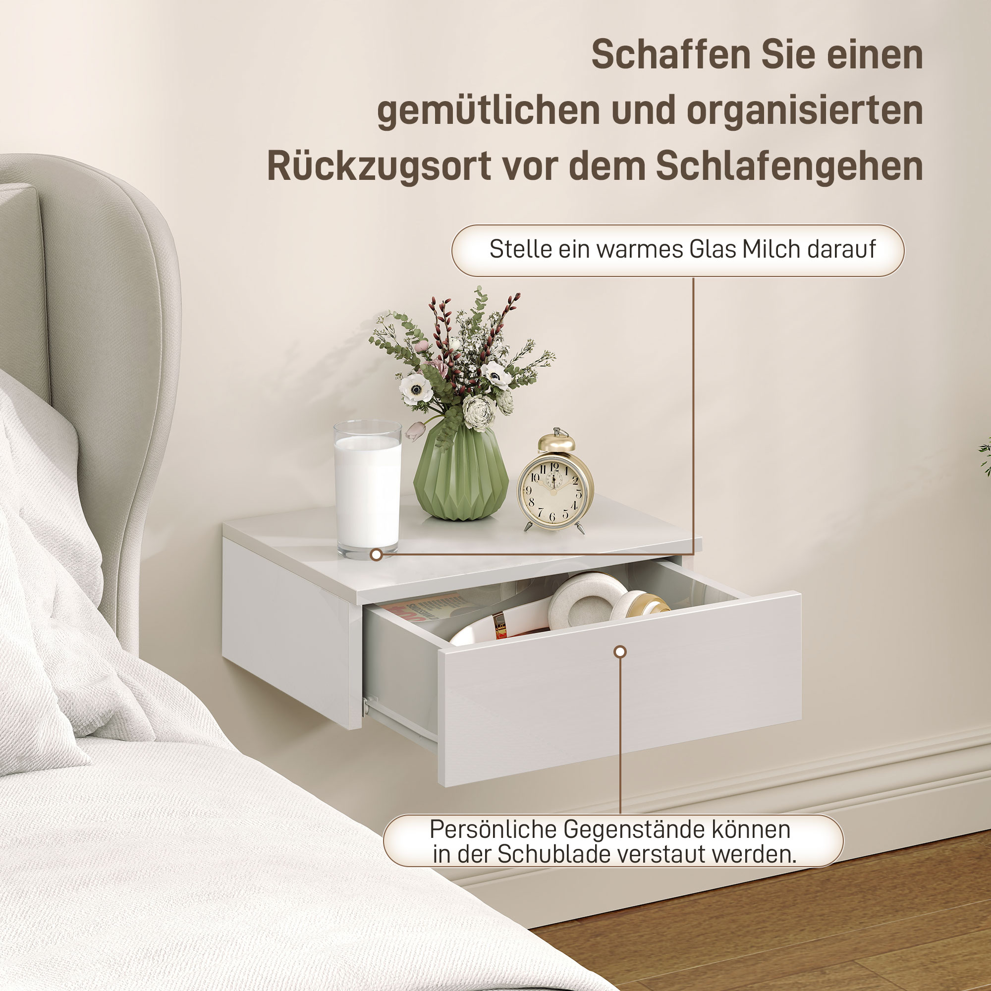 2er-Set Nachttische, wandmontiertes Design, Schublade, für Schlafzimmer, Spanplatte, Weiß