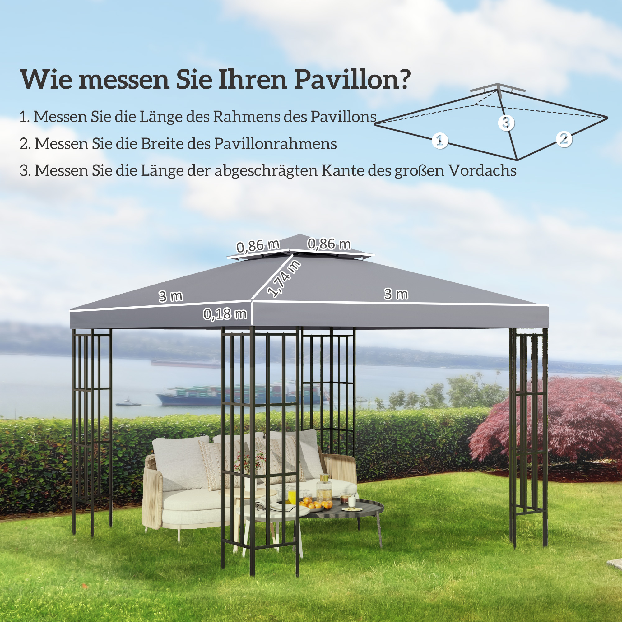 Ersatzdach für Pavillon 3 x 3 m wasserdicht Pavillondach mit Doppeldach Ablauflöcher Hellgrau