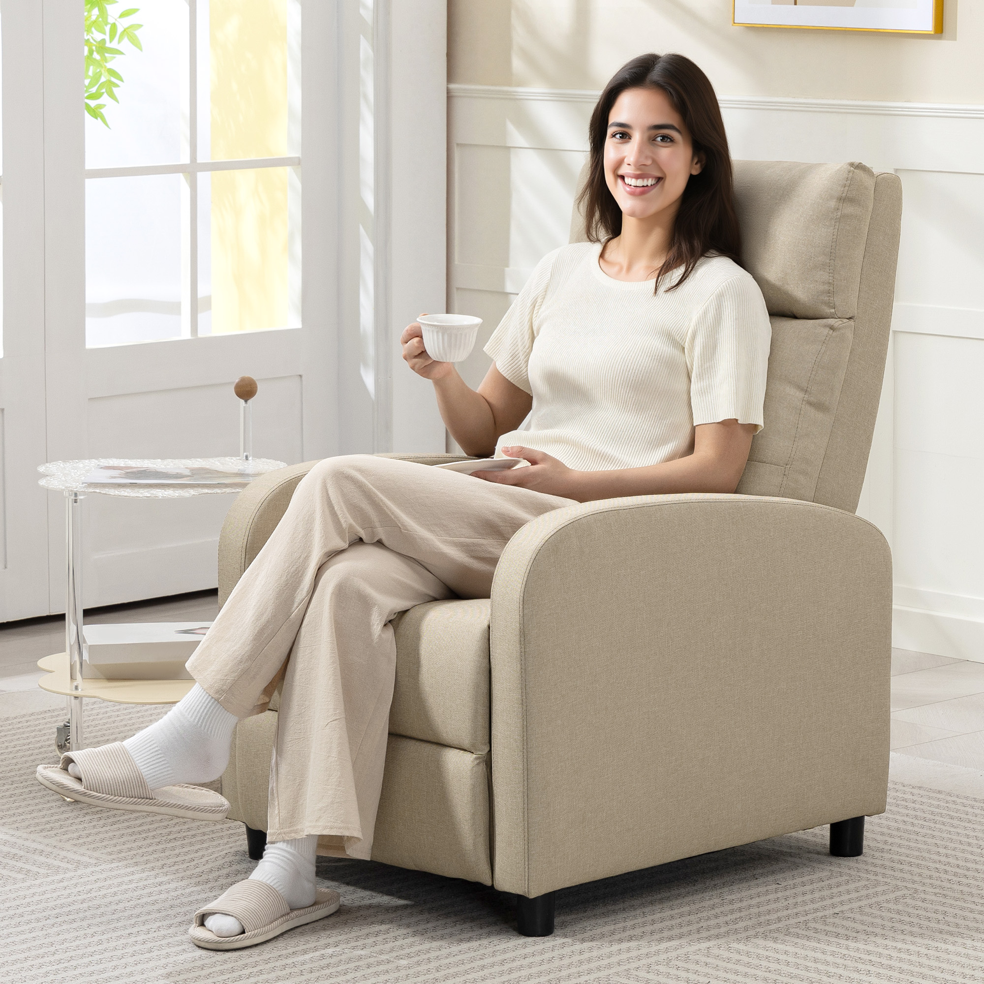 Relaxsessel mit Liegefunktion, ausfahrbares Fußteil, Taschenfederkern, bis 150 kg, Beige