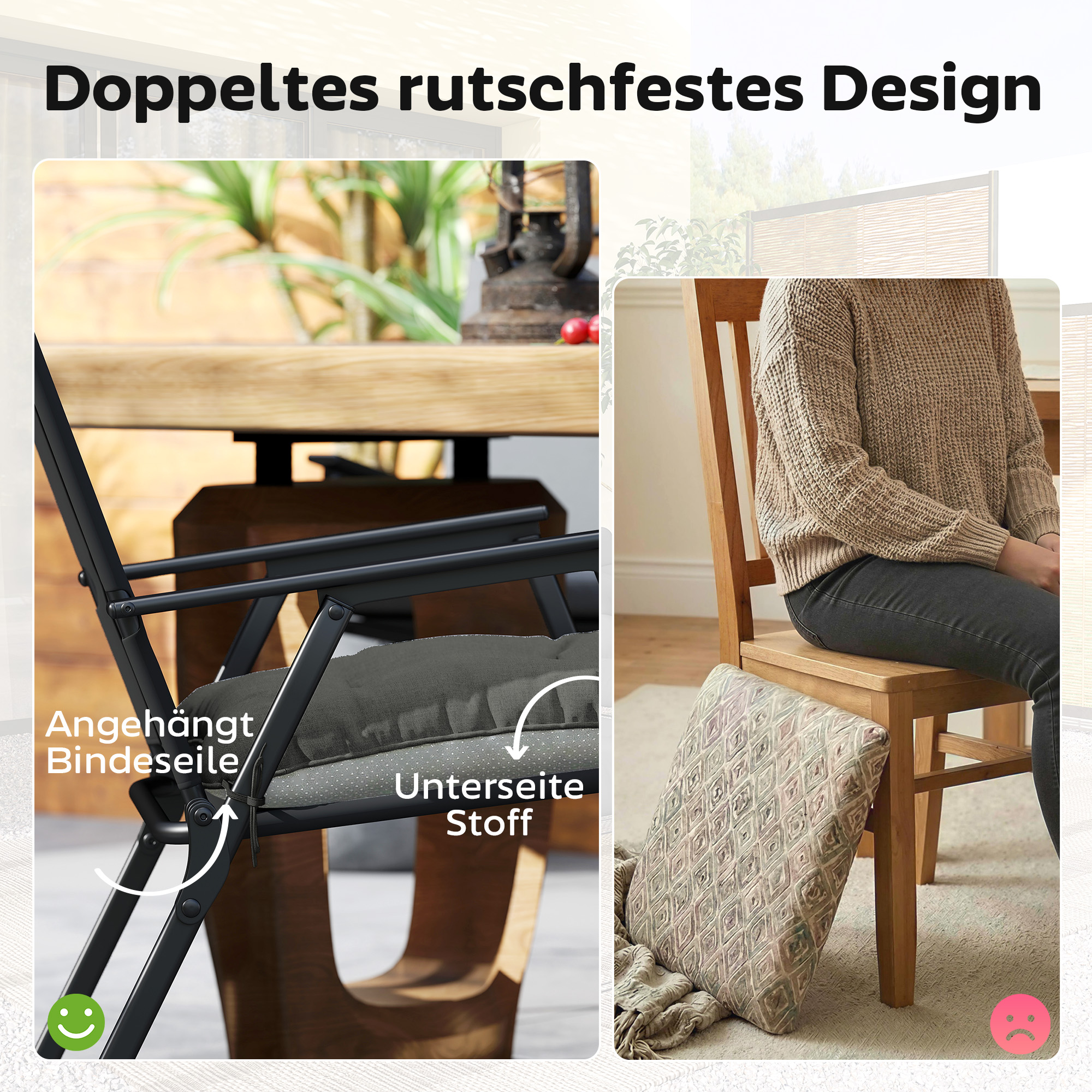 4er Set Sitzkissen 39,5 x 39,5 x 10 cm Stuhlkissen mit Bändern, rutschfeste Outdoor Indoor Sitzauflage