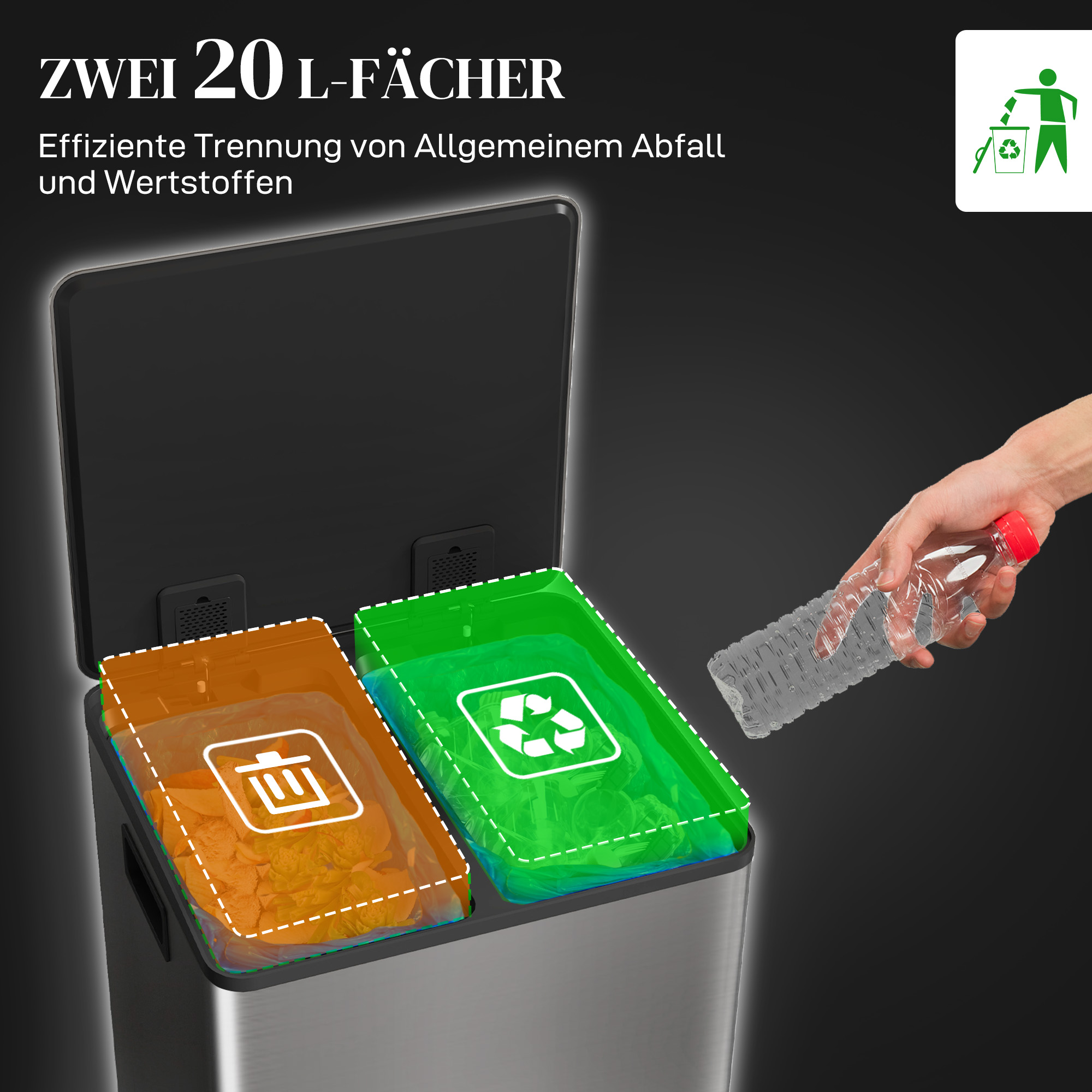 Mülleimer mit 2x20l Fächern, Soft-Close-Deckel, Fingerabdrucksicher, Edelstahl, Silber