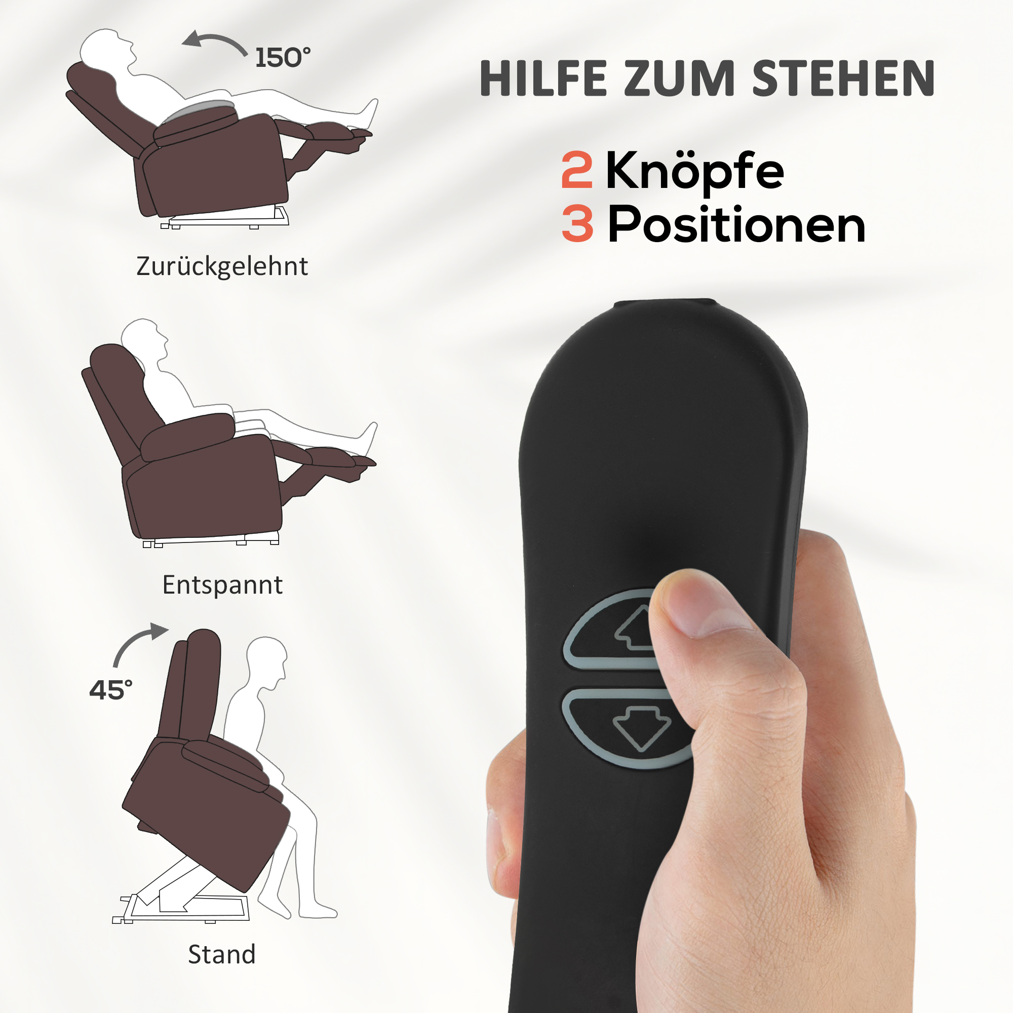 Aufstehsessel mit Massagefunktion und Lendenheizung, Recliner-Sessel mit Fernbedienungen und Seitentaschen, Braun