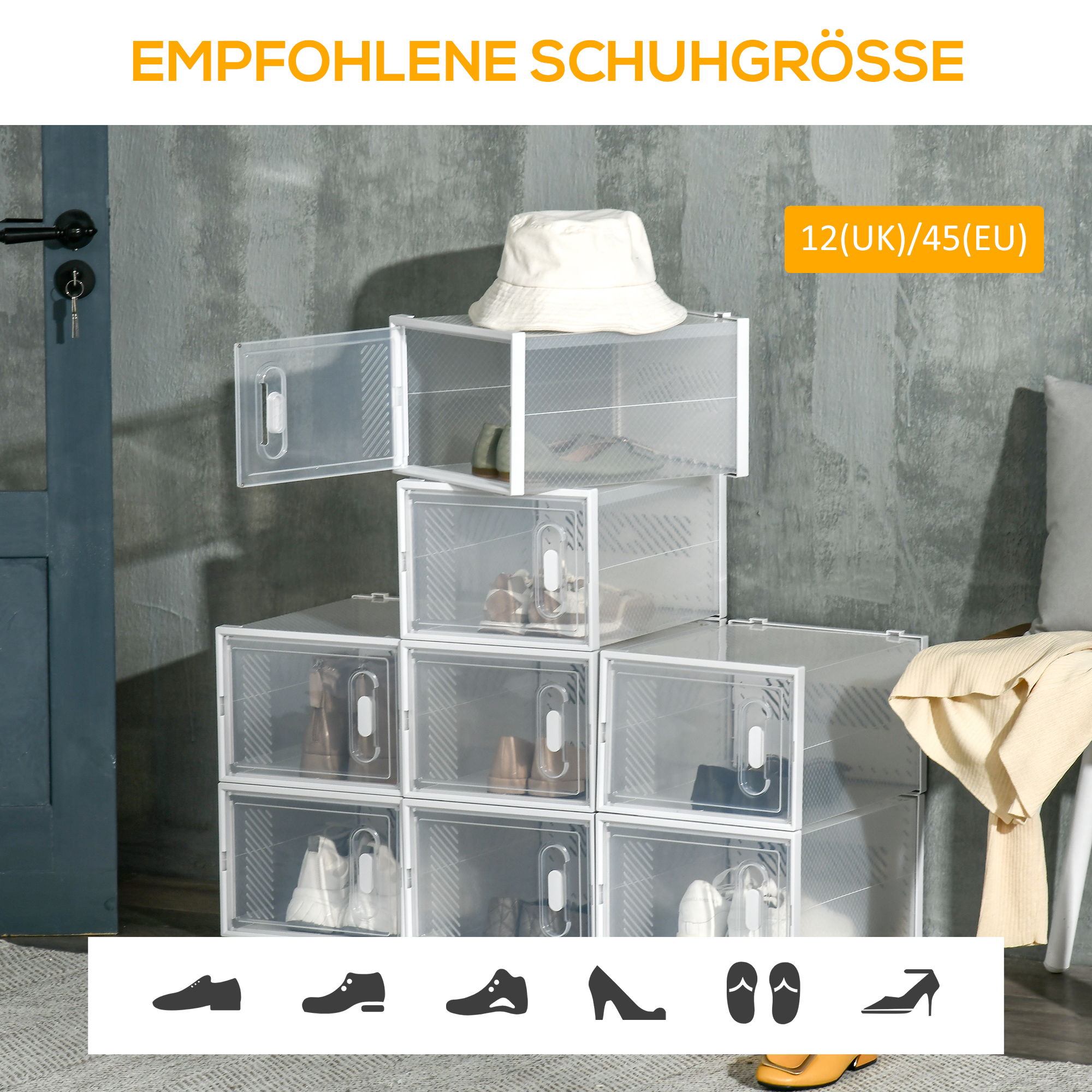 8-teiliges Schuhregal, stapelbare Schuhboxen für Schuhe bis Größe 46, magnetische Türen, Kunststoff, 28 x 36 x 21 cm