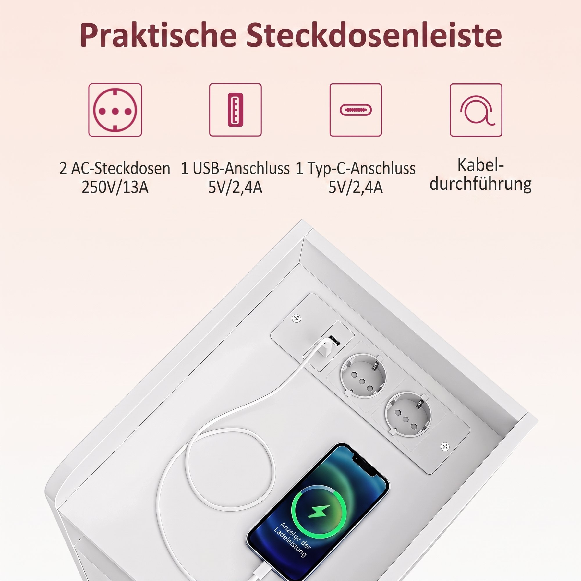 Nachttisch 2er-Set mit Ladestation, Schmaler Nachtschrank mit offenem Fach, verstellbarem Einlegeboden für Schlafzimmer