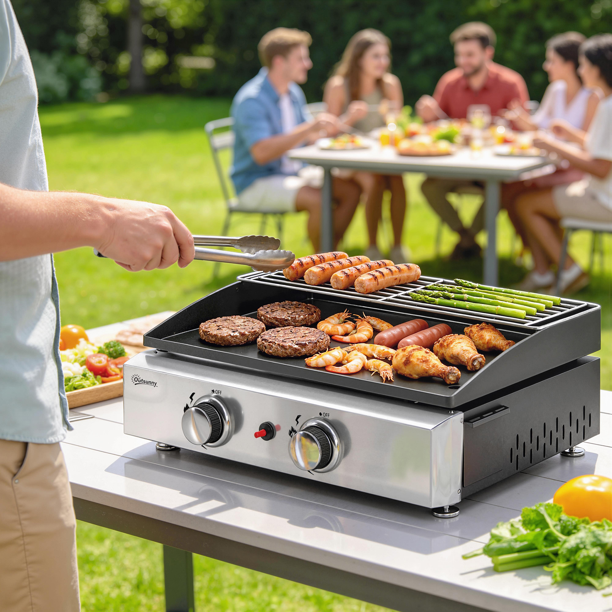 Gasgrill 5kW Tragbarer Tischgrill mit 2 Brenner Keramische Lackbeschichtung Grillrost Warmhalterost