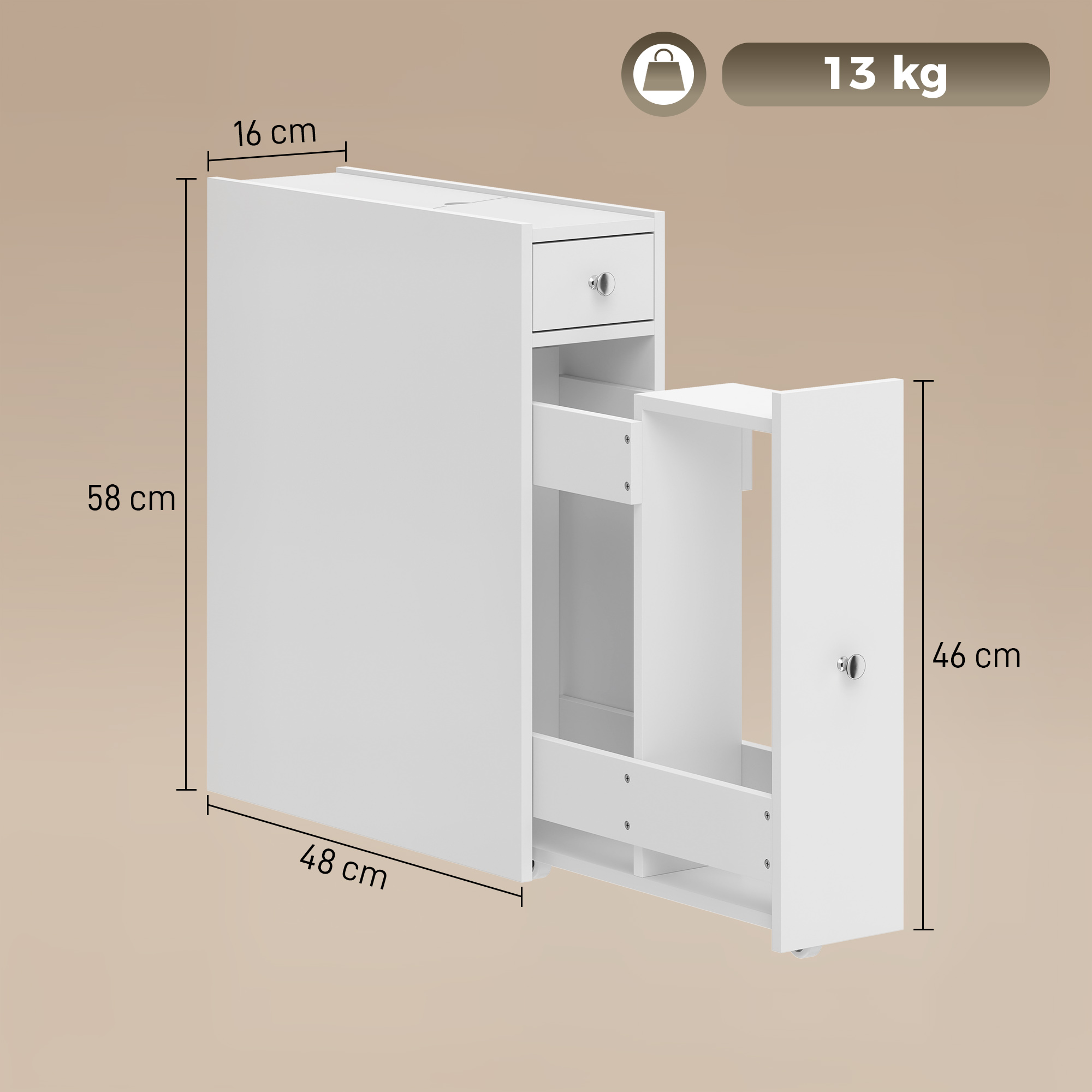 schmaler Badezimmerschrank, Badschrank stehend mit 2 Schubladen, Weiß