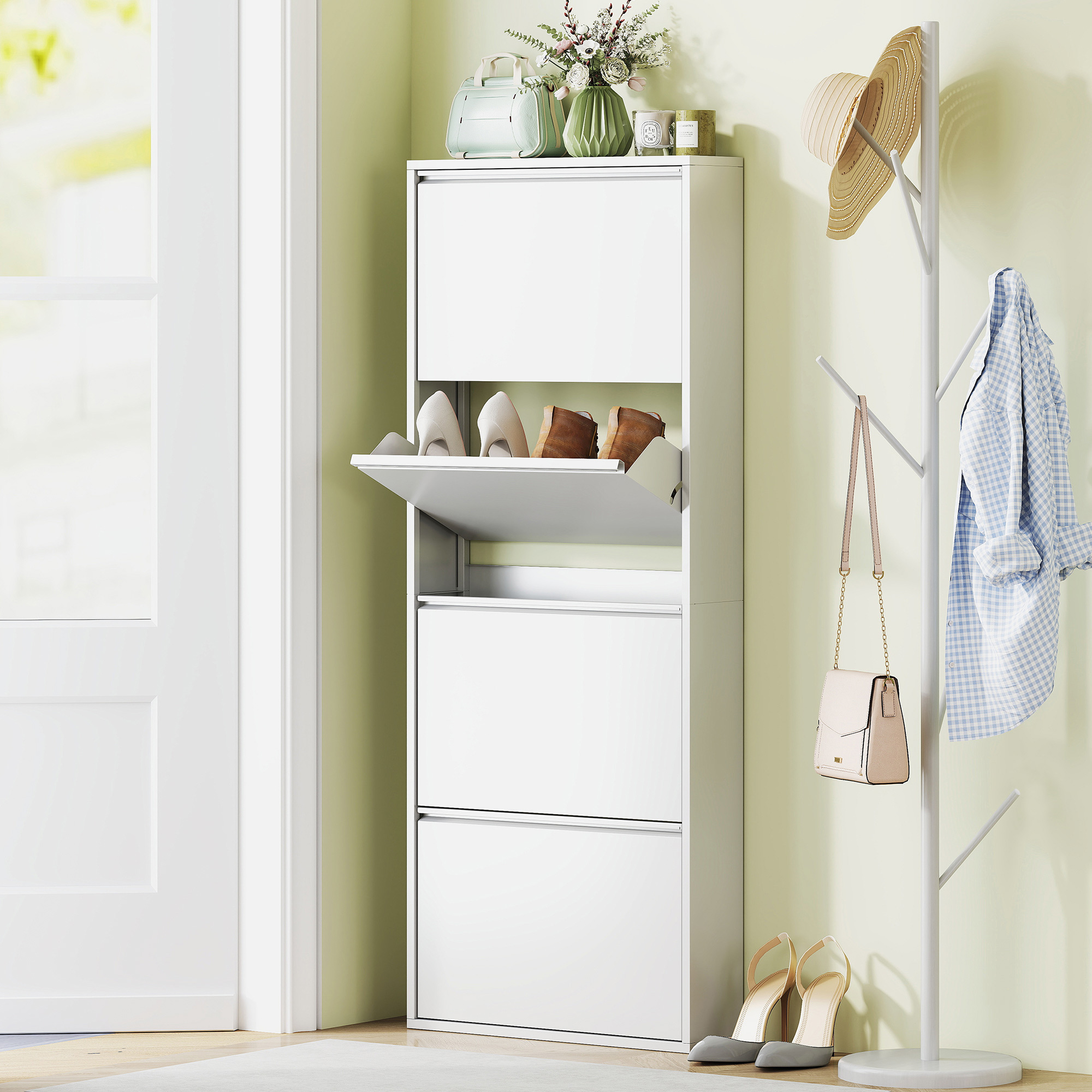 Schmaler Schuhschrank aus Metall für bis zu 8 Paar Schuhe, 4 Kippschubladen, für Flur, Eingangsbereich, Weiß