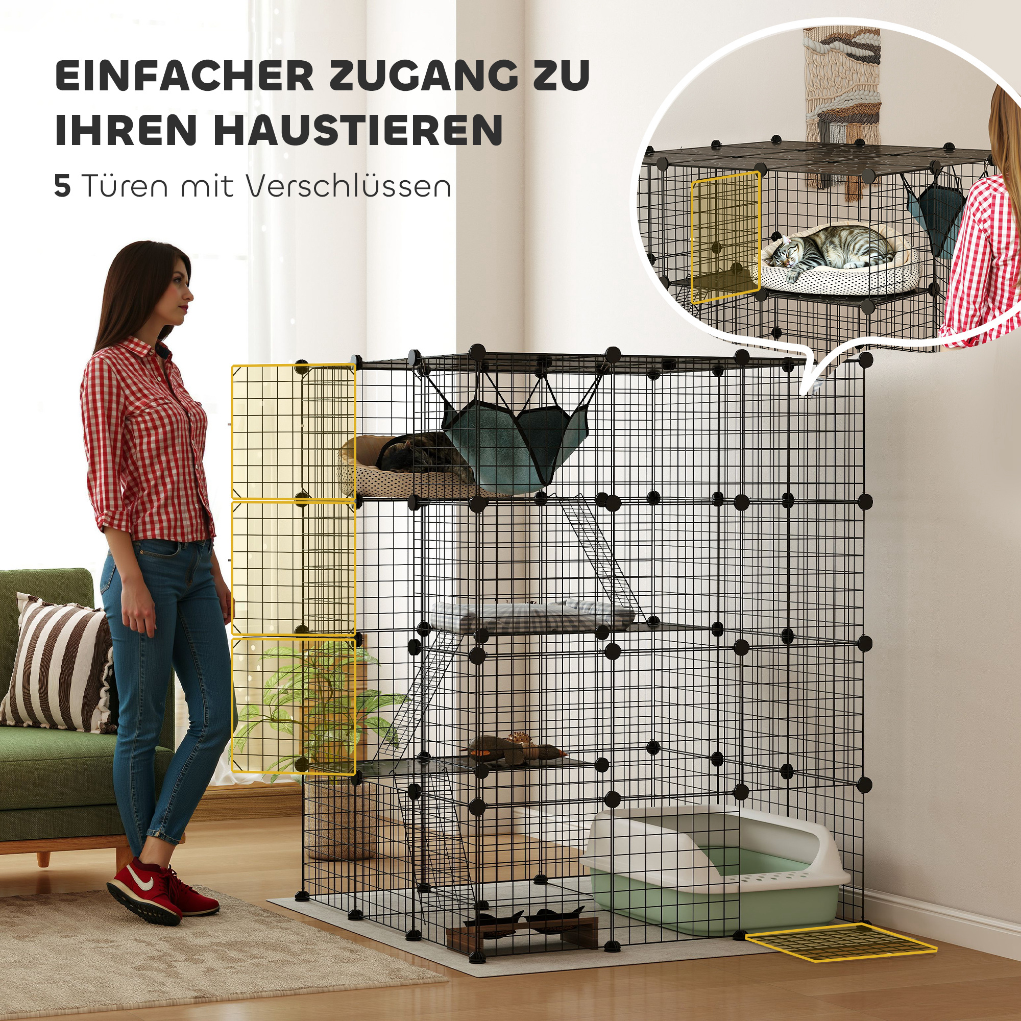 Katzenkäfig für Drinnen 4-stöckig DIY-Katzengehege mit dichtem Metalldraht Hängematte Rampe Türen Sprungplattformen