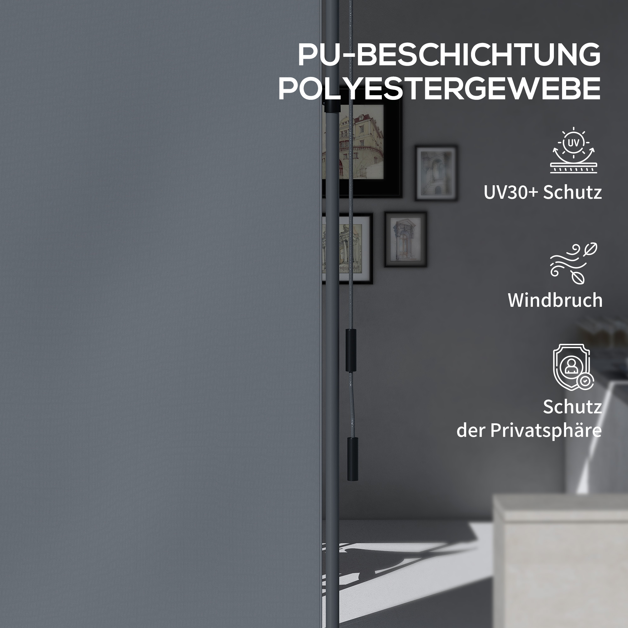 Freistehende Markise, verstellbare Länge, Montage ohne Bohren, Aluminiumrahmen, 1,5 x 2,2-3,1 m, Dunkelgrau