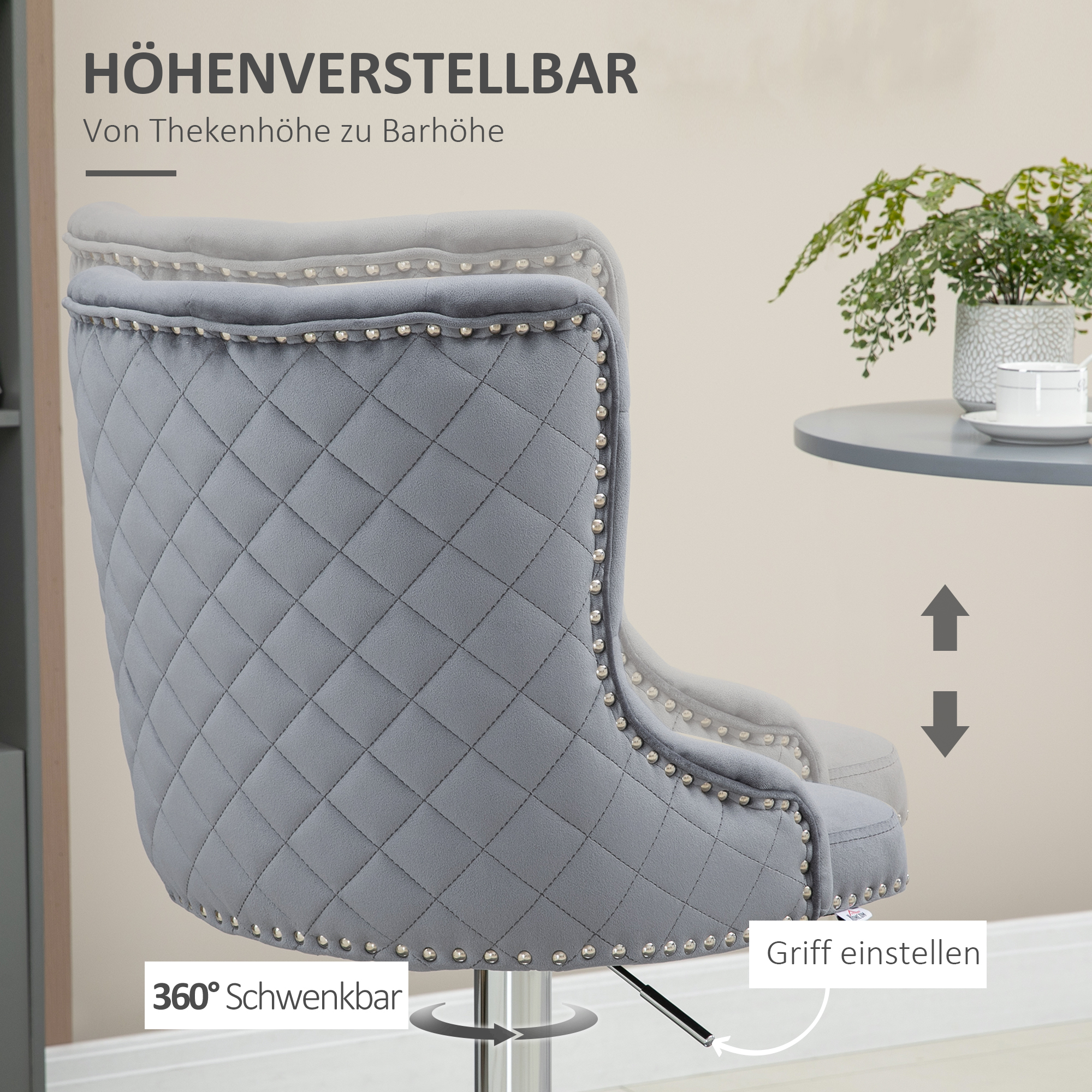 Barhocker, Sitzhocker, 2er-Set, höhenverstellbar, drehbarer Sitz, Fußstütze, Stahl, grau, 49 x 60 x 102-123cm