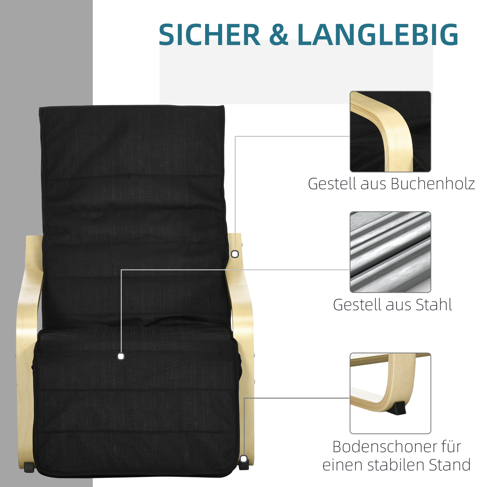 Relaxsessel, Ruheliege, verstellbares Fußteil, Auflage, Holz+Schwarz, 66,5 x 94 x 100cm