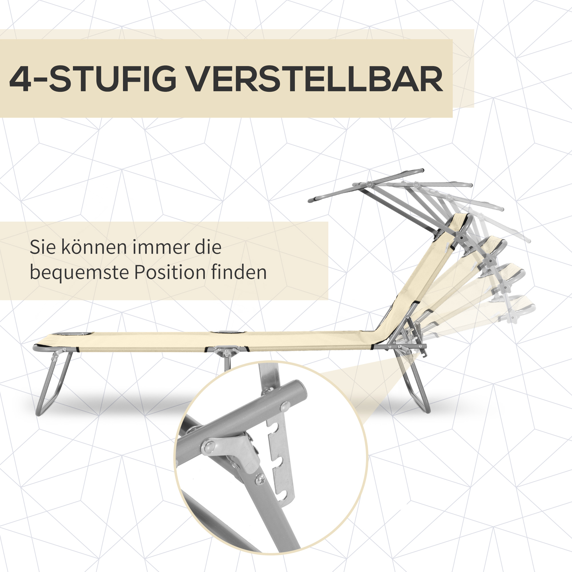 Sonnenliege klappbar Gartenliege mit Dach, Liegestuhl mit 4-Fach verstellbare Rückenlehne, wetterfeste Campingliege bis 120 kg belastbar, für Garten Strand Pool, Beige