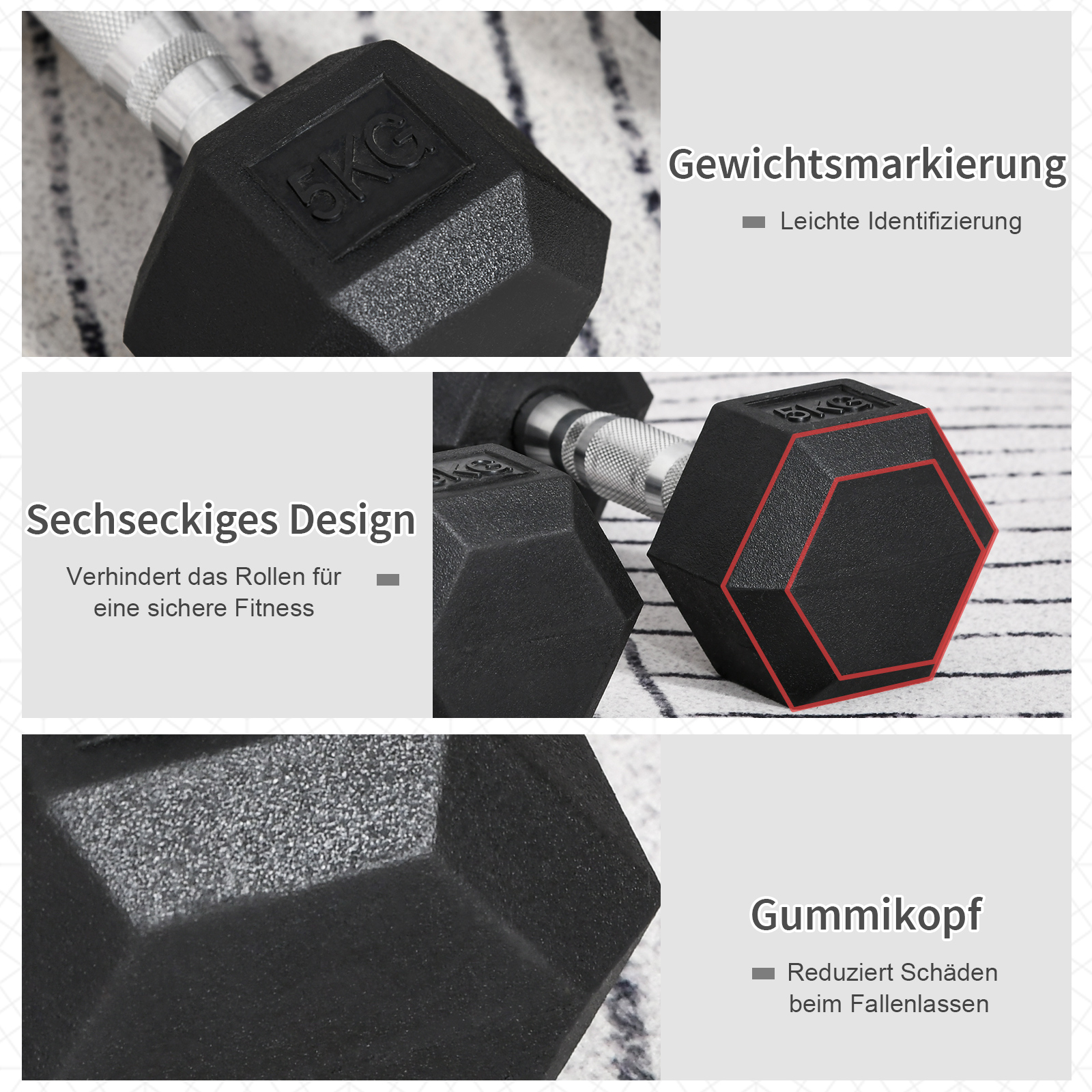 Hexagon Hanteln, 2er Set Hanteln mit gerändeltem Griff, Kurzhantelset aus Gusseisen, 2 x 5 kg, Kurzhanteln für Männer Frauen, Zuhause, Fitnessstudio, Krafttraining