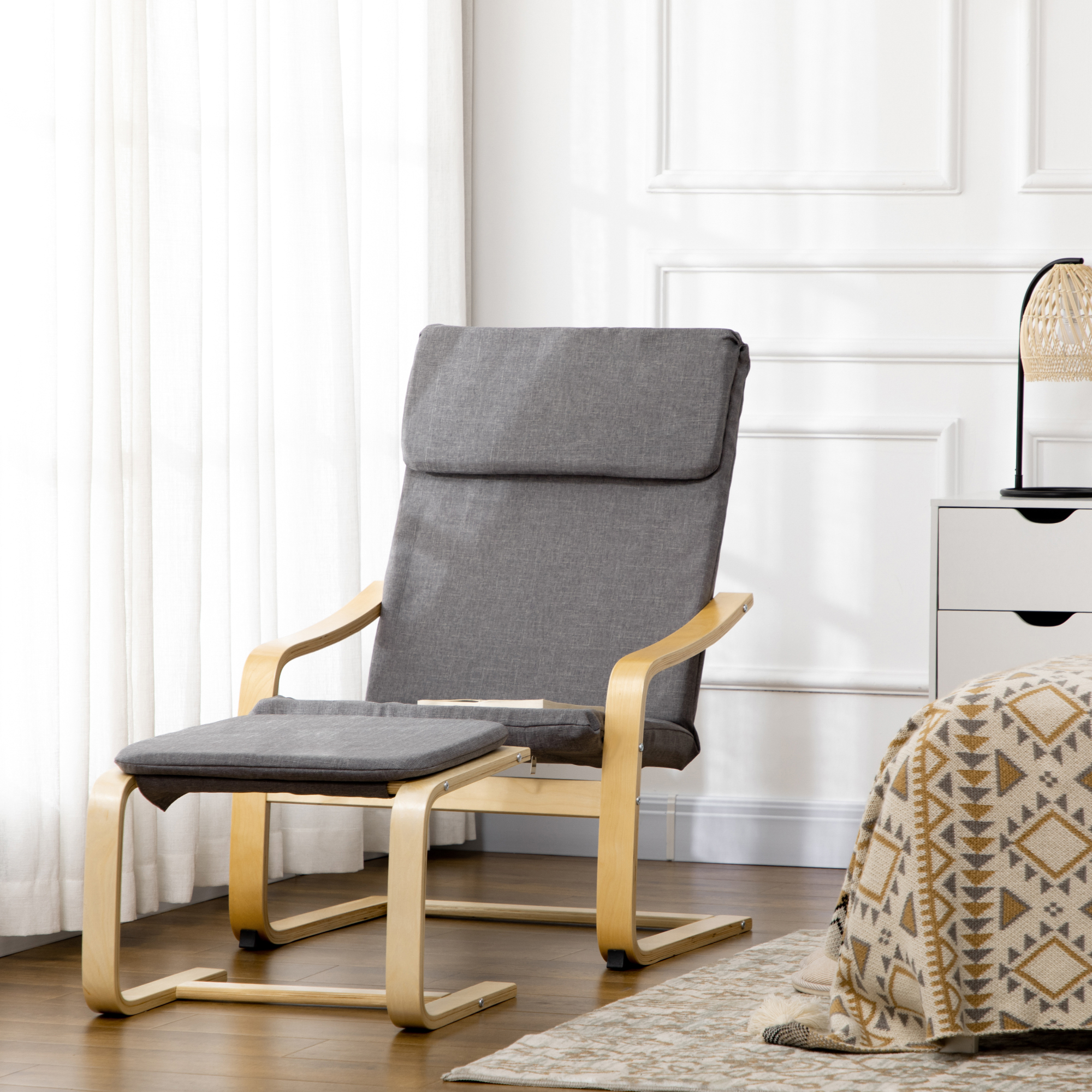 Sessel mit Fußhocker, Sessel-Set, bis 120 kg, Leinenoptik, Massivholz, Grau + Natur, 66,5 x 80 x 99 cm