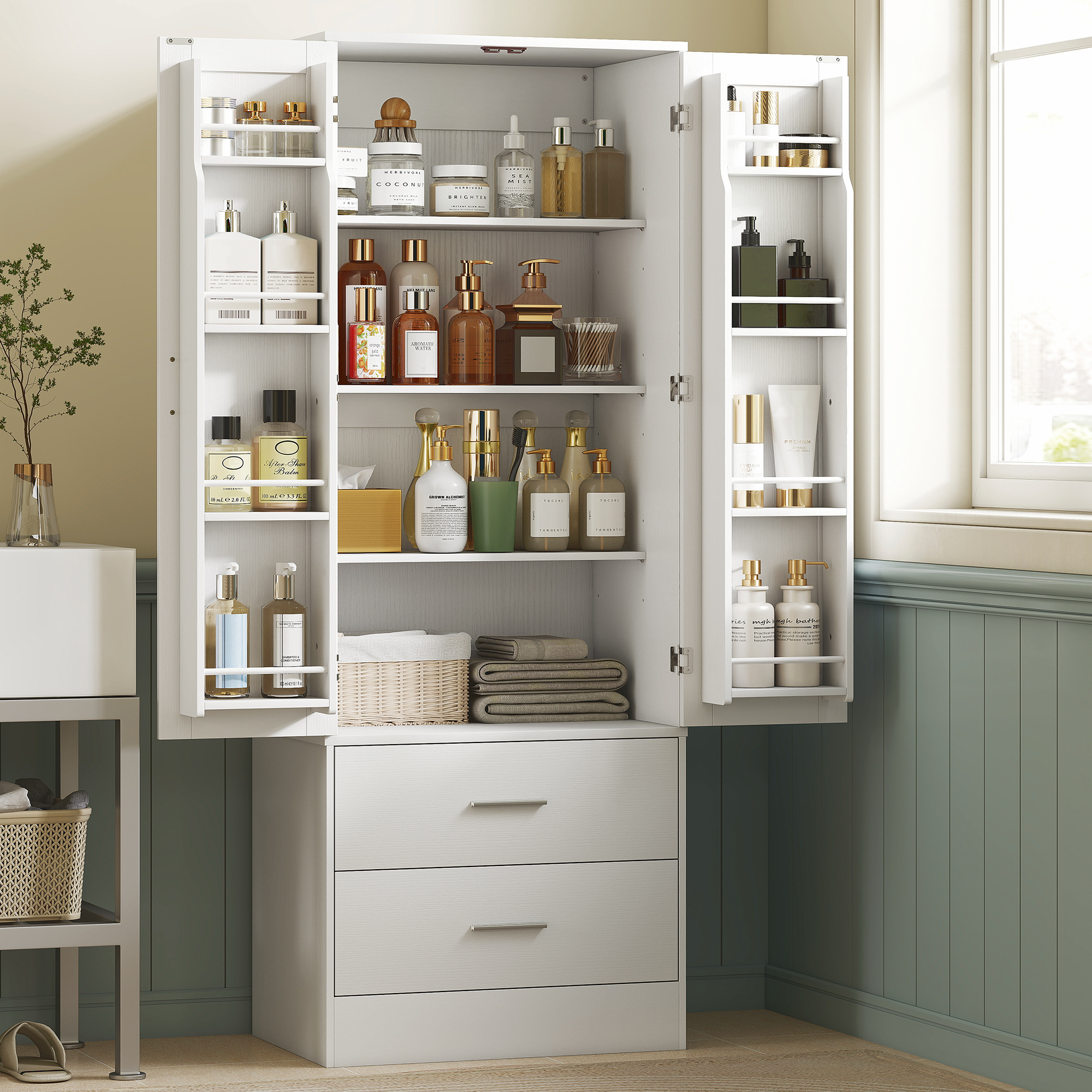 159 cm Küchenschrank, verstellbare Regale, 2 Schublade, für Küche, Esszimmer, Spanplatte, MDF, Weiß