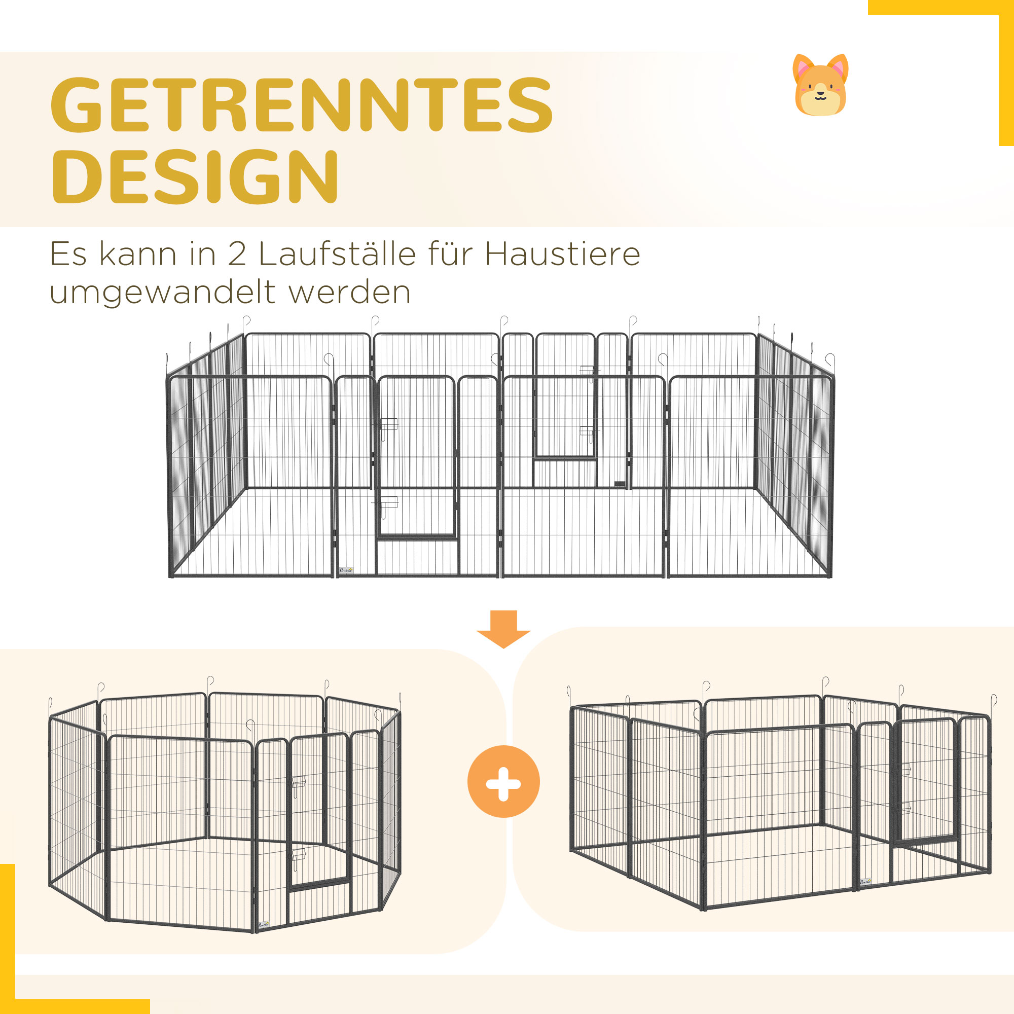 Welpenauslauf, modulares Design, 16 Elemente, 2 Türen, wetterfest, Stahl, 3,2 x 3,2 x 1 m, grau