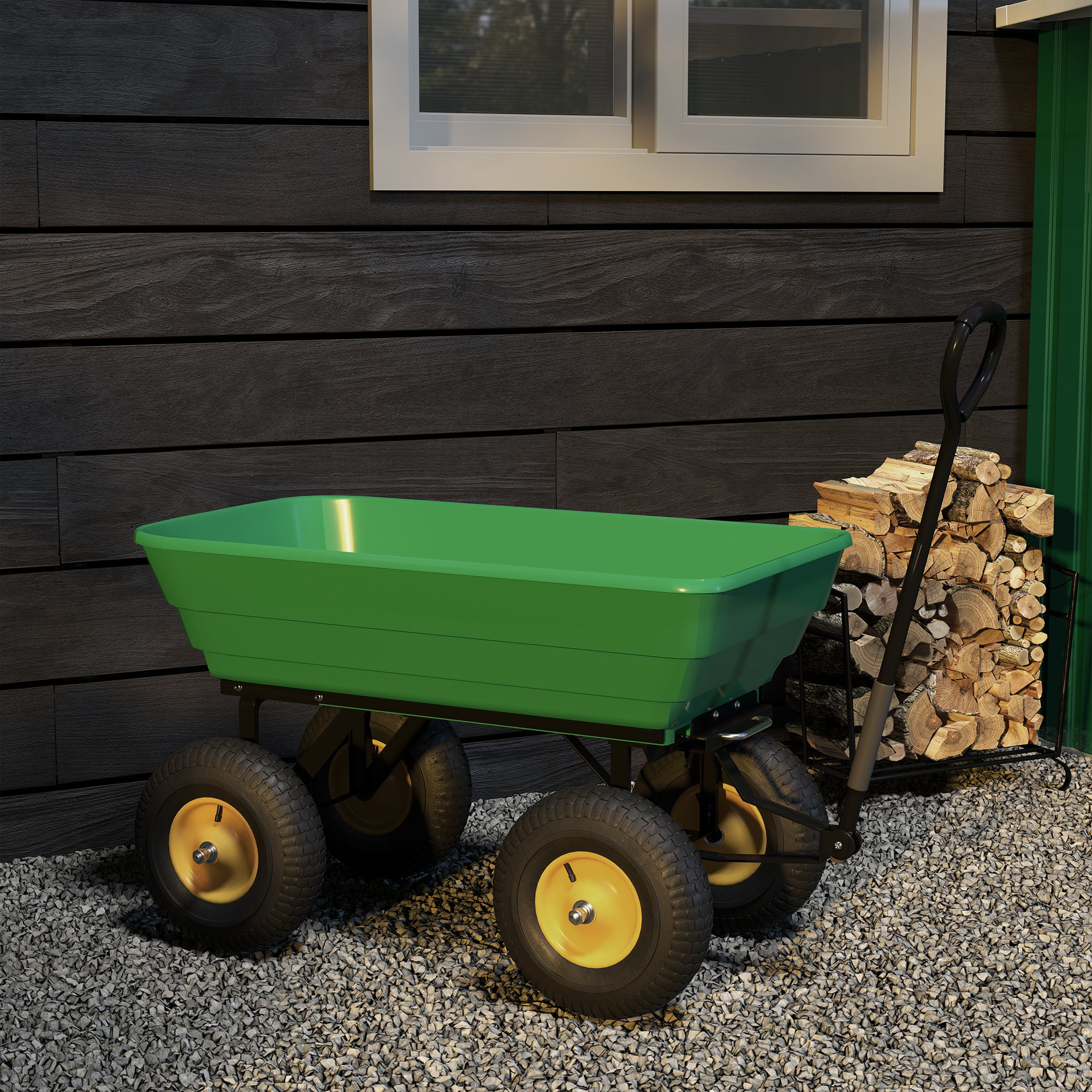 Gartenwagen mit Kippfunktion bis 200 kg Handwagen mit 75 Liter Kunststoffwanne Ziehgriff Luftbereifung Dunkelgrün