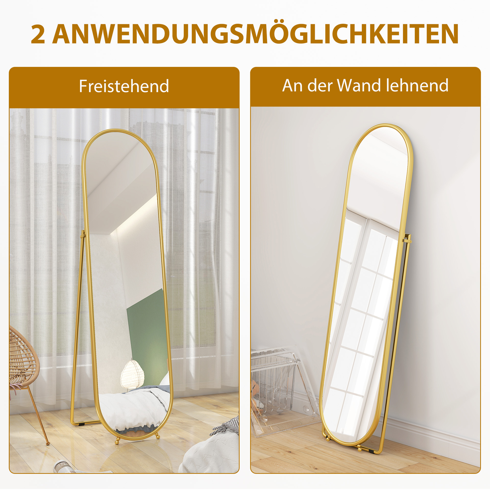Ganzkörperspiegel, ovale Form, freistehend, Metallrahmen, 50x180cm, Gold