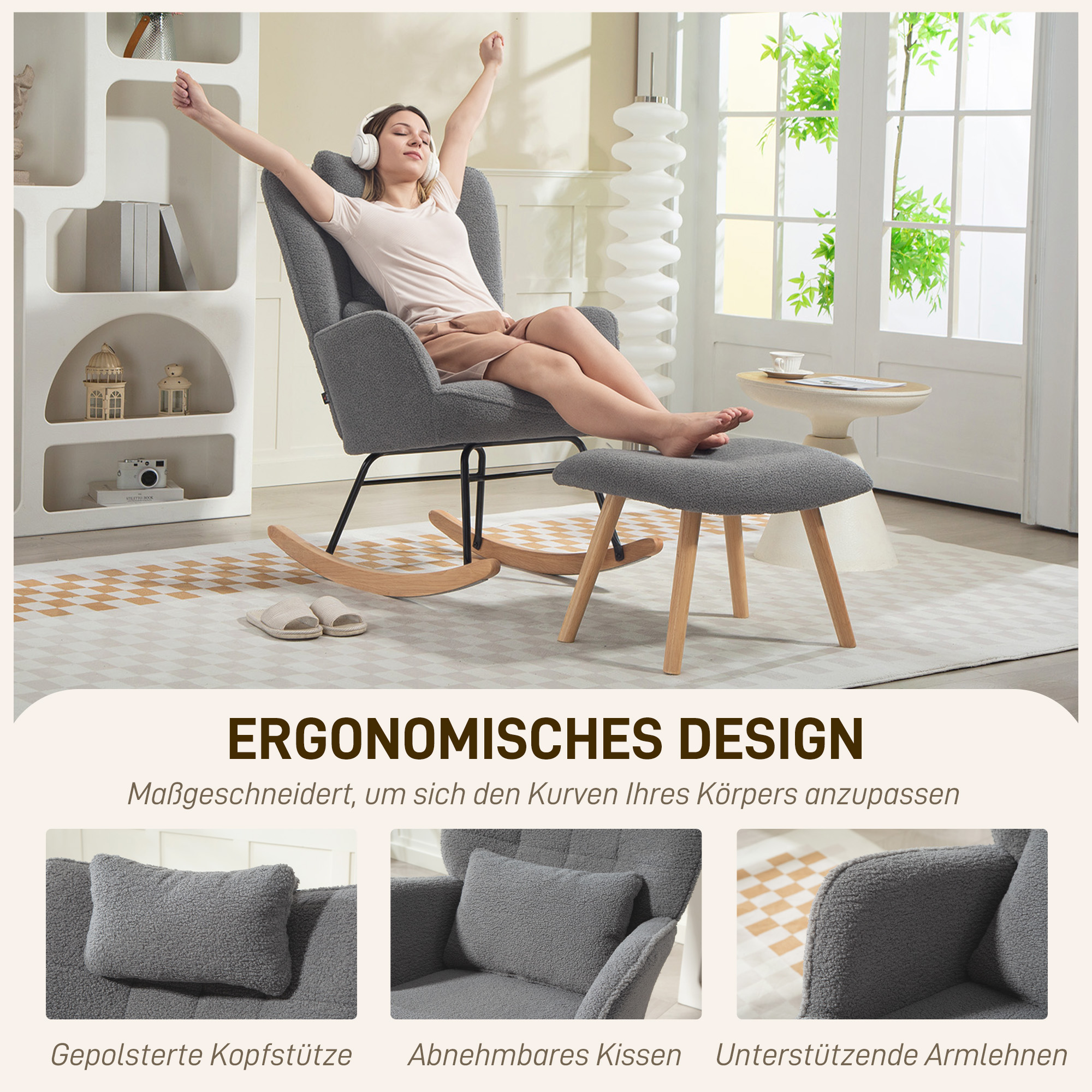 Schaukelstuhl mit Fußhocker, weicher Fleece-Bezug, Holzbeine, Kissen, hohe Rückenlehne, Schaukelsessel, Dunkelgrau