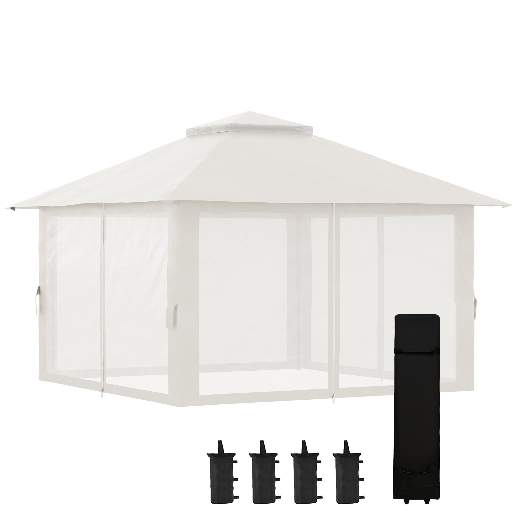 Faltpavillon, höhenverstellbar, 4 Netzwände, Lüftungsdach, Tragetasche, Schnellaufbau, 4 x 4 x 3 m, Cremeweiß