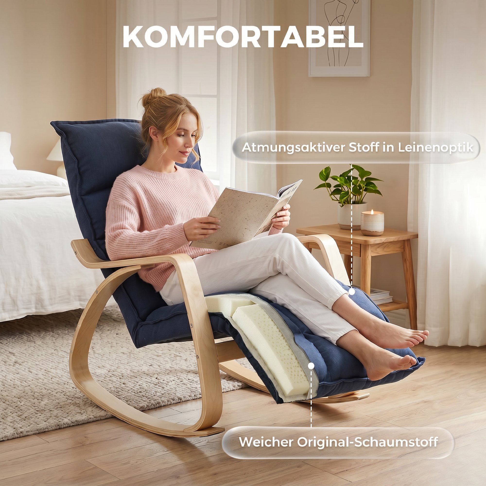 Schaukelstuhl mit verstellbarer Fußstütze, gepolsterter Sessel mit Armlehnen in Birkenfurnier, dunkelblau