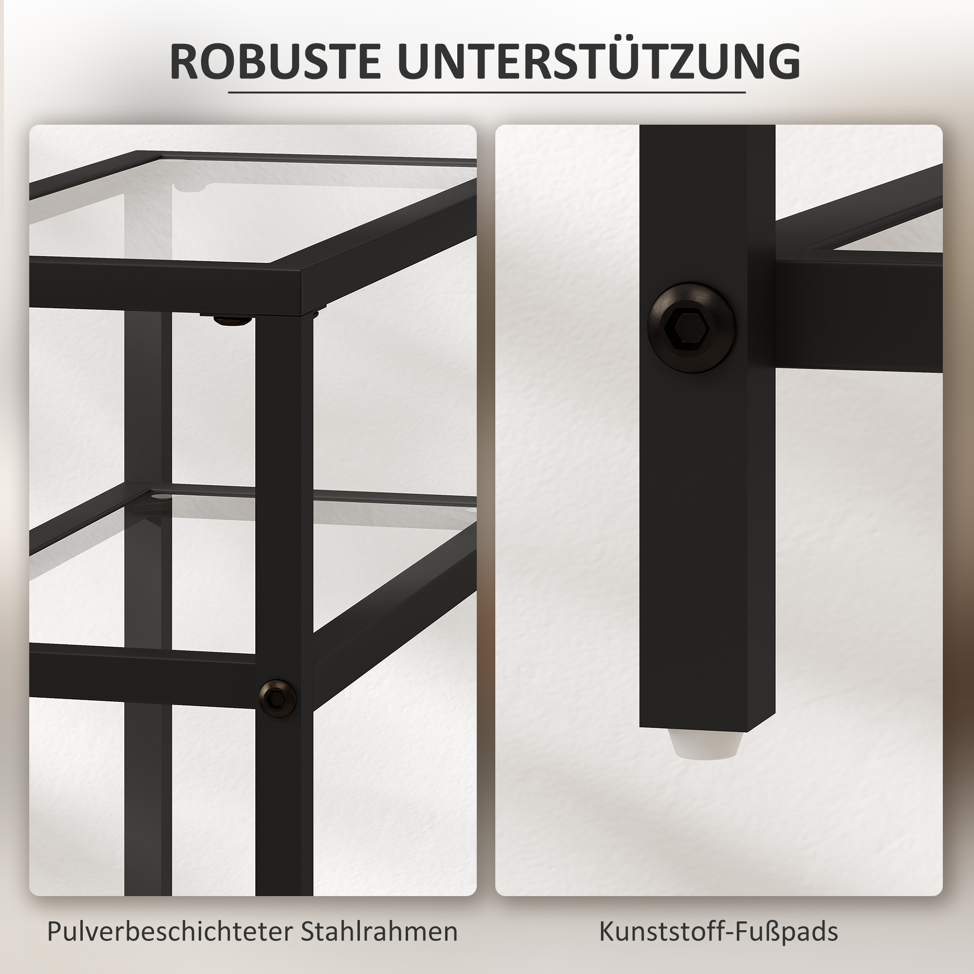 3-stufiges Regal mit Glasplatten, 18 cm breit, Stahlrahmen, Querstangen, Schwarz