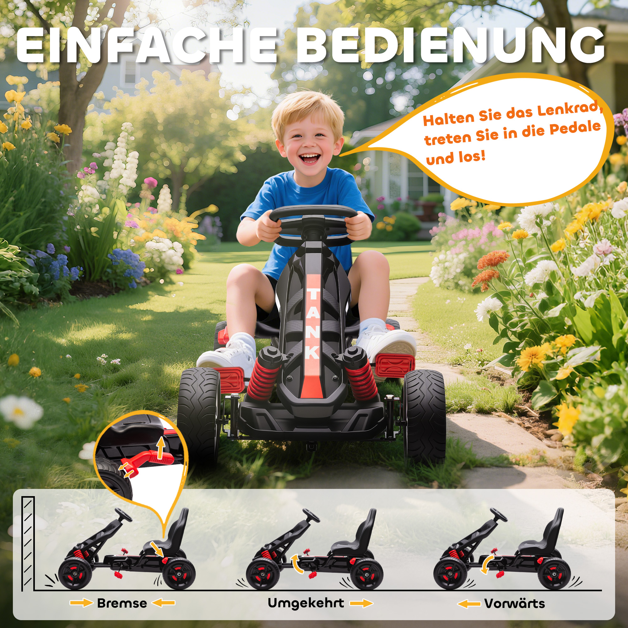 Gokart mit Pedalen, Tretauto für Kinder mit Bremse, rutschfeste Räder, Metallrahmen, 3-6 Jahre, Rot