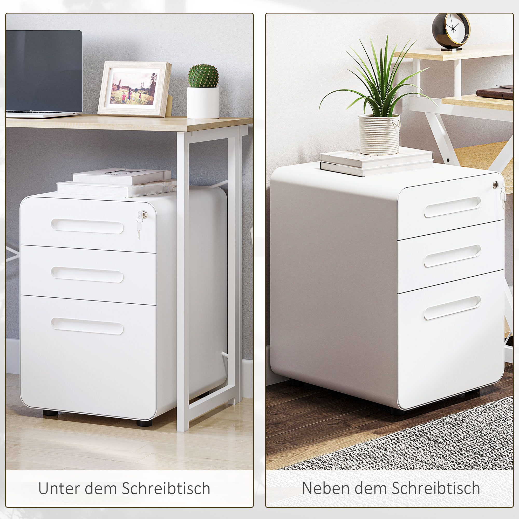 Rollcontainer mit 3 Schubladen mobiler Aktenschrank mit Rollen abschließbar Büroschrank mit Hängeregistratur Stiftfach, Bürocontainer Schreibtisch Unterschrank für Büro 39x48x59cm Weiß