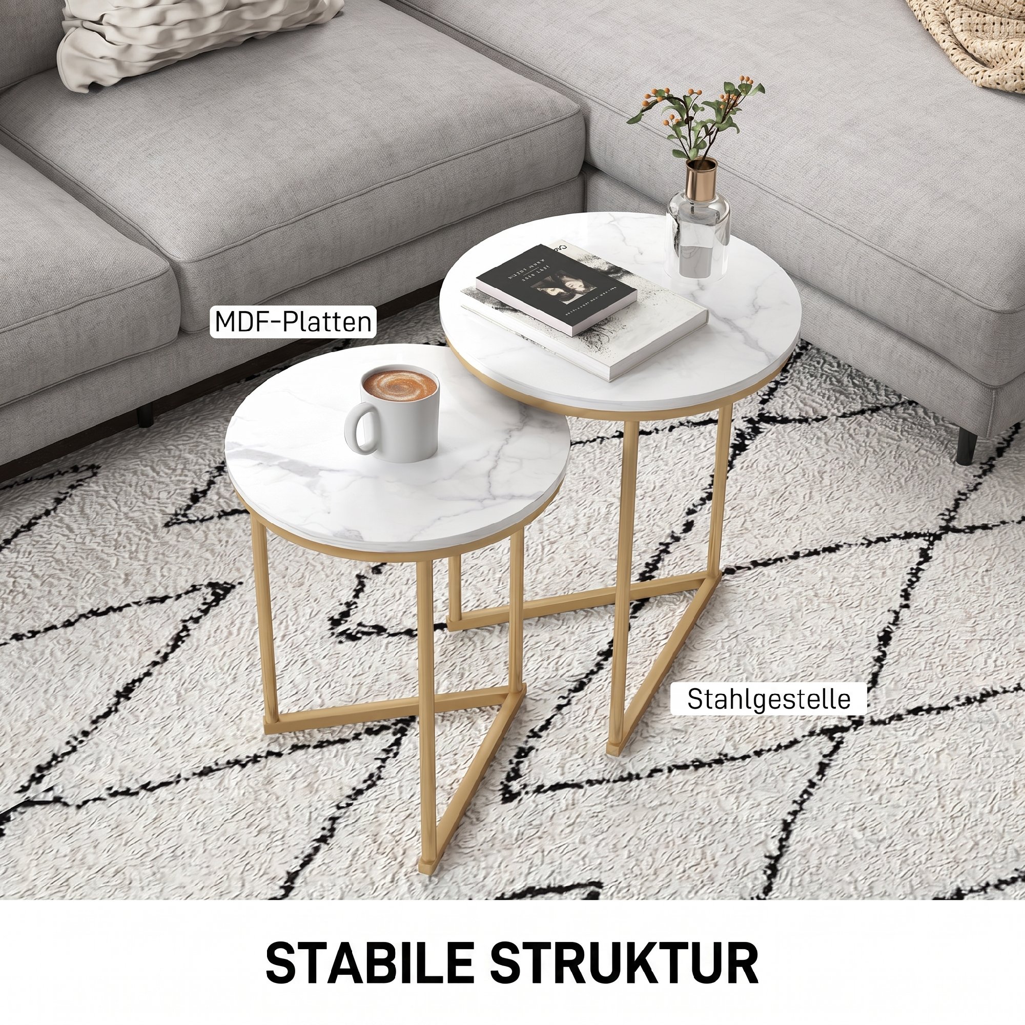 Beistelltisch 2er-Set, moderner Couchtisch mit goldenen Stahlbeinen für Wohnzimmer, Schlafzimmer