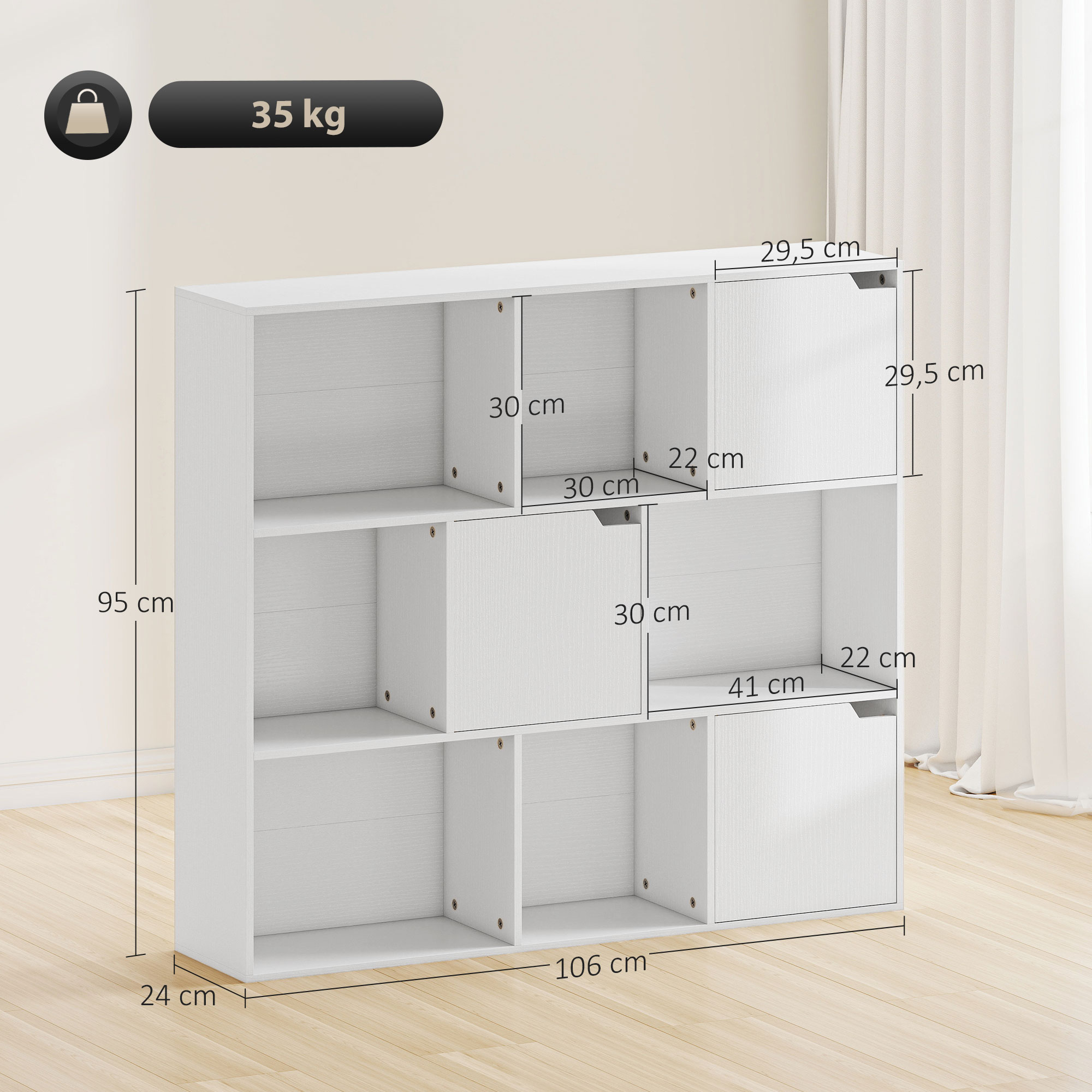 Bücherregal, 9 Würfelfächer, 3 Türen, 6 offene Regale, für Wohnzimmer, Schlafzimmer, Spanplatte, Weiß